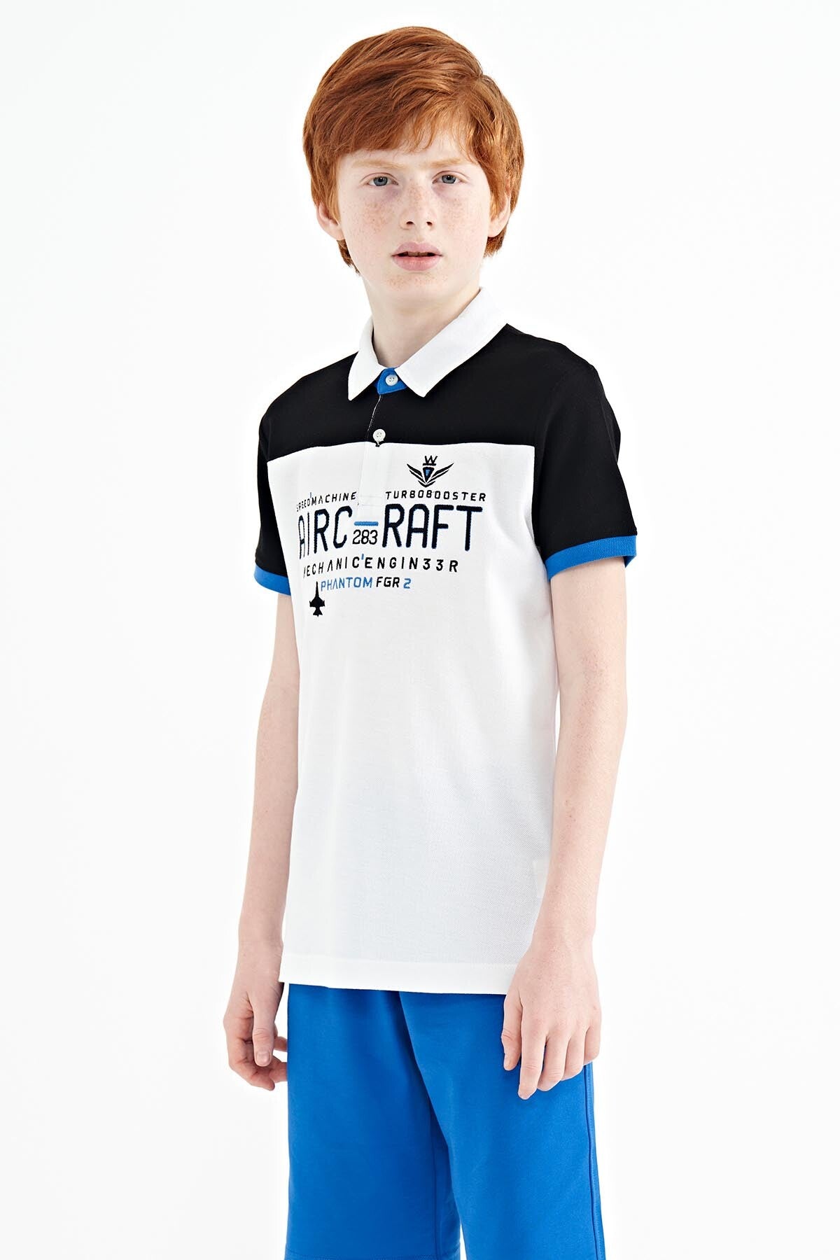 White Color Block Letter Embroidered Standard Fit Polo Collar Boys T-Shirt - 11087