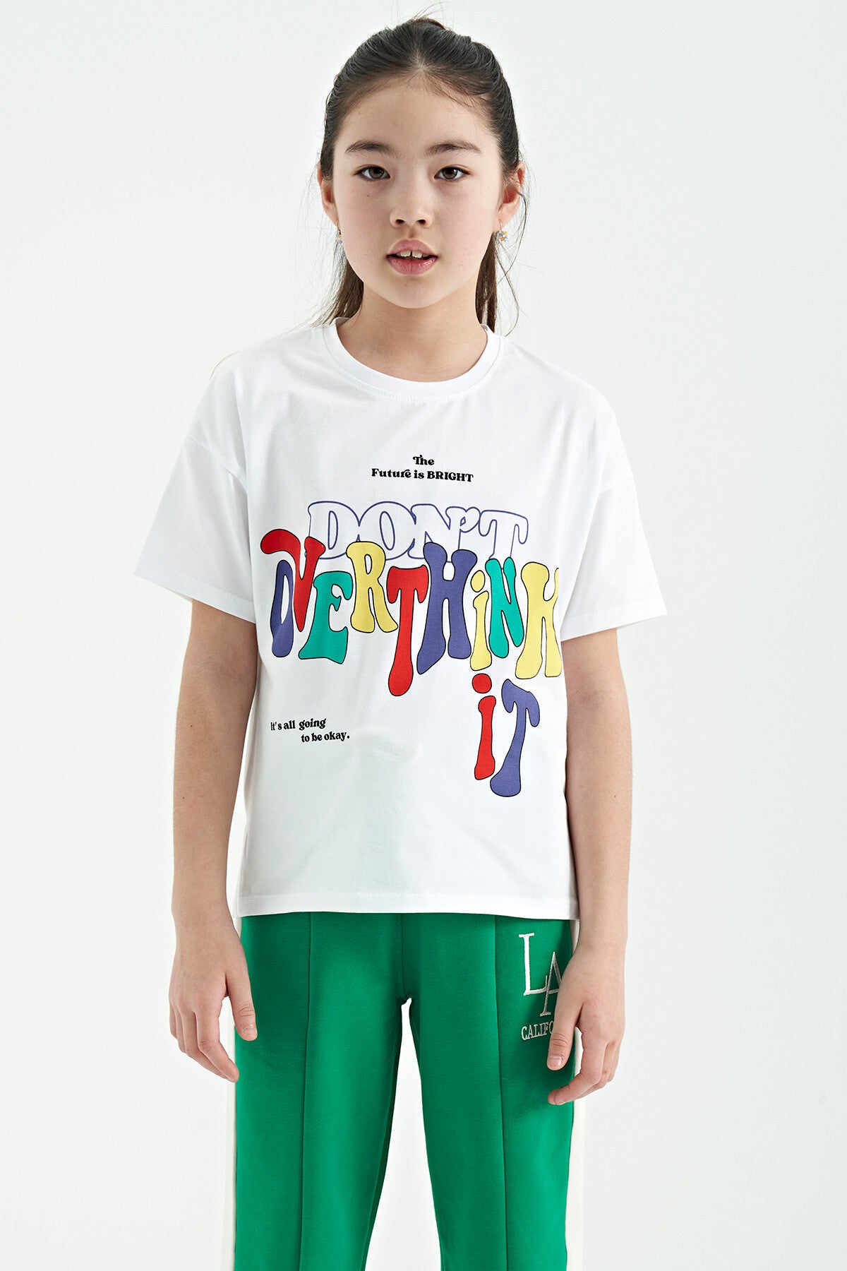 White Color Print O Collar Oversize Short Sleeve Girl's T-Shirt - 75112