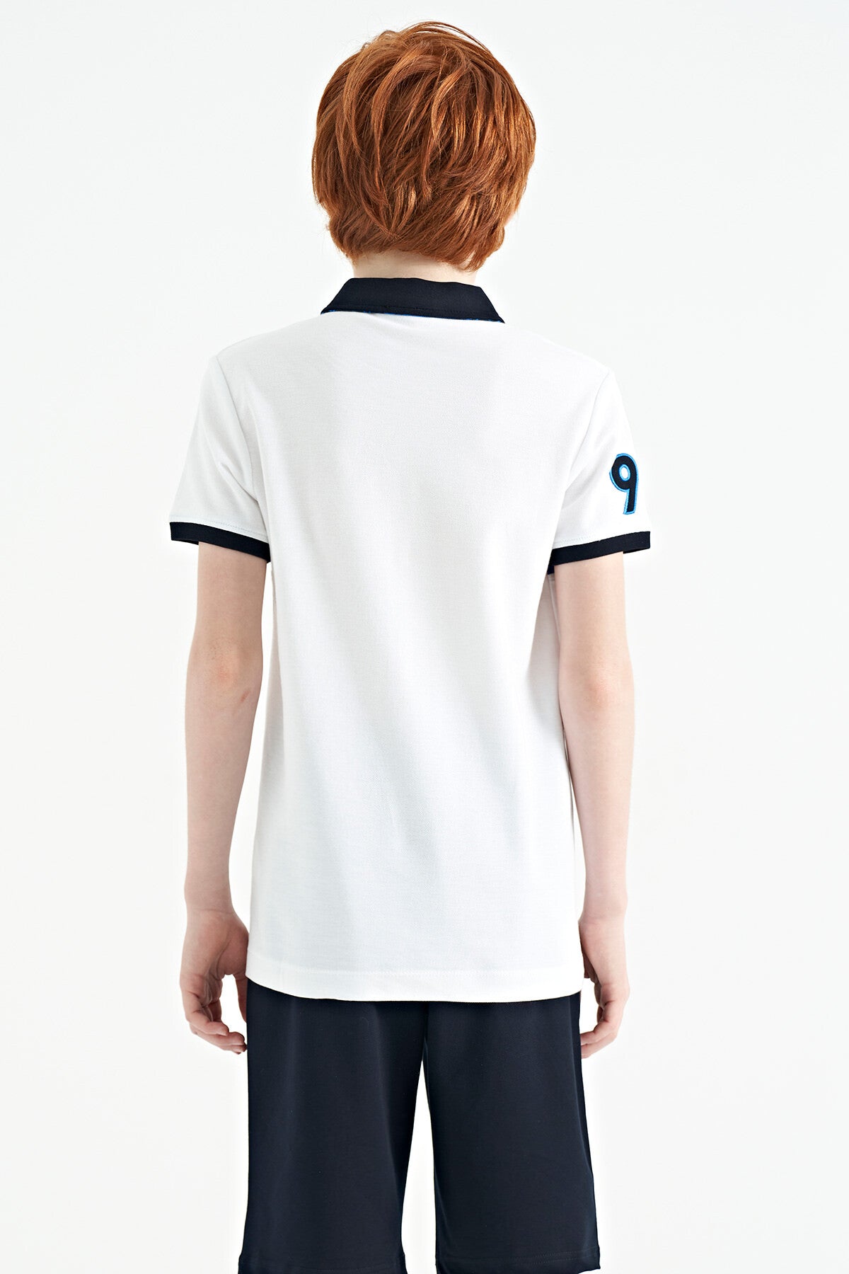 White Striped Print Detailed Polo Collar Standard Cut Boys T-Shirt - 11162