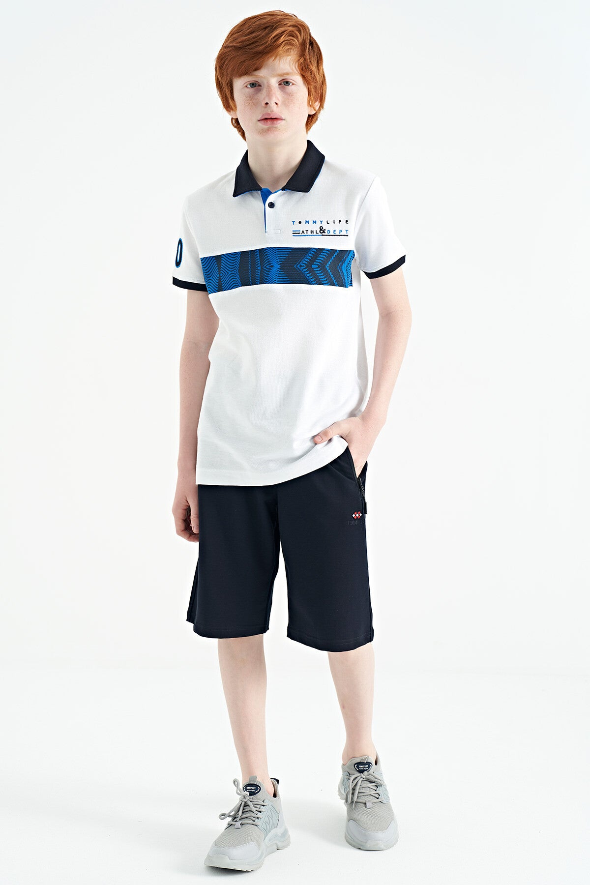 White Striped Print Detailed Polo Collar Standard Cut Boys T-Shirt - 11162
