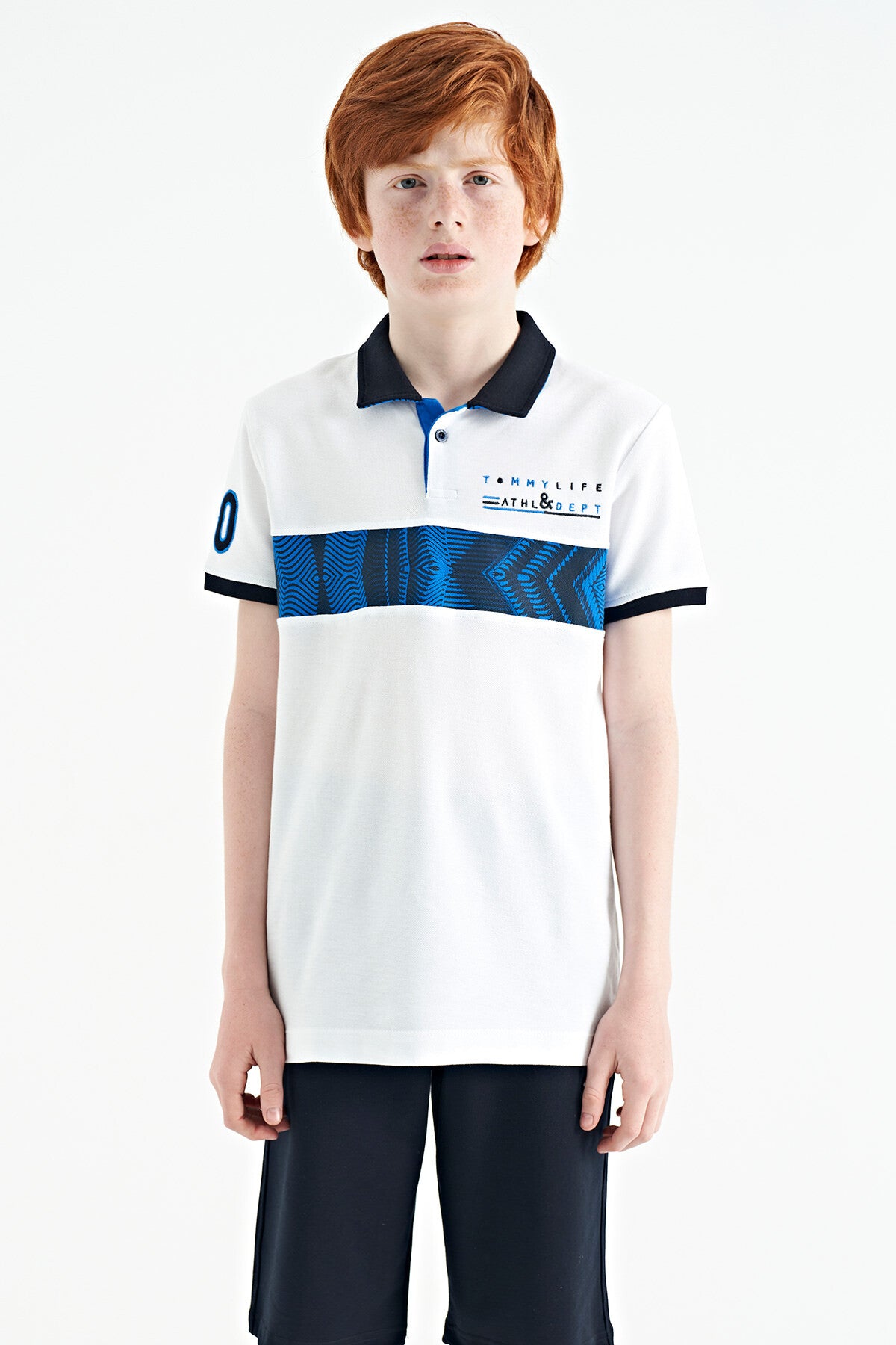 White Striped Print Detailed Polo Collar Standard Cut Boys T-Shirt - 11162