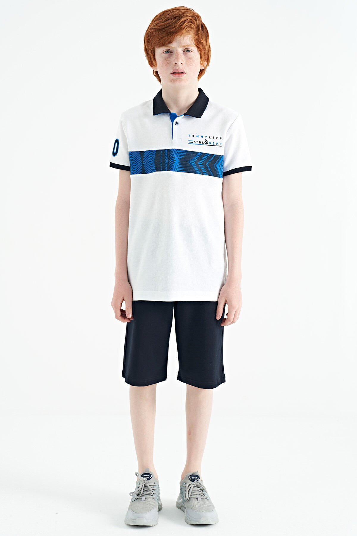 White Striped Print Detailed Polo Collar Standard Cut Boys T-Shirt - 11162