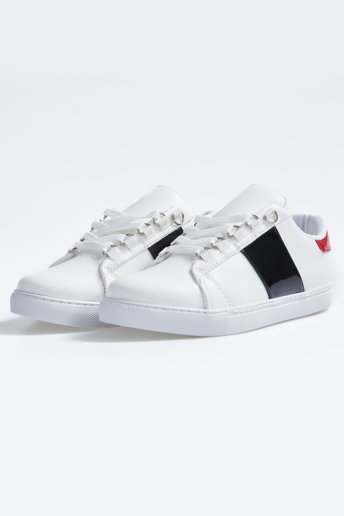 White - Black Laced Strip Detailed PU Leather Women's Sports Shoes - 89202