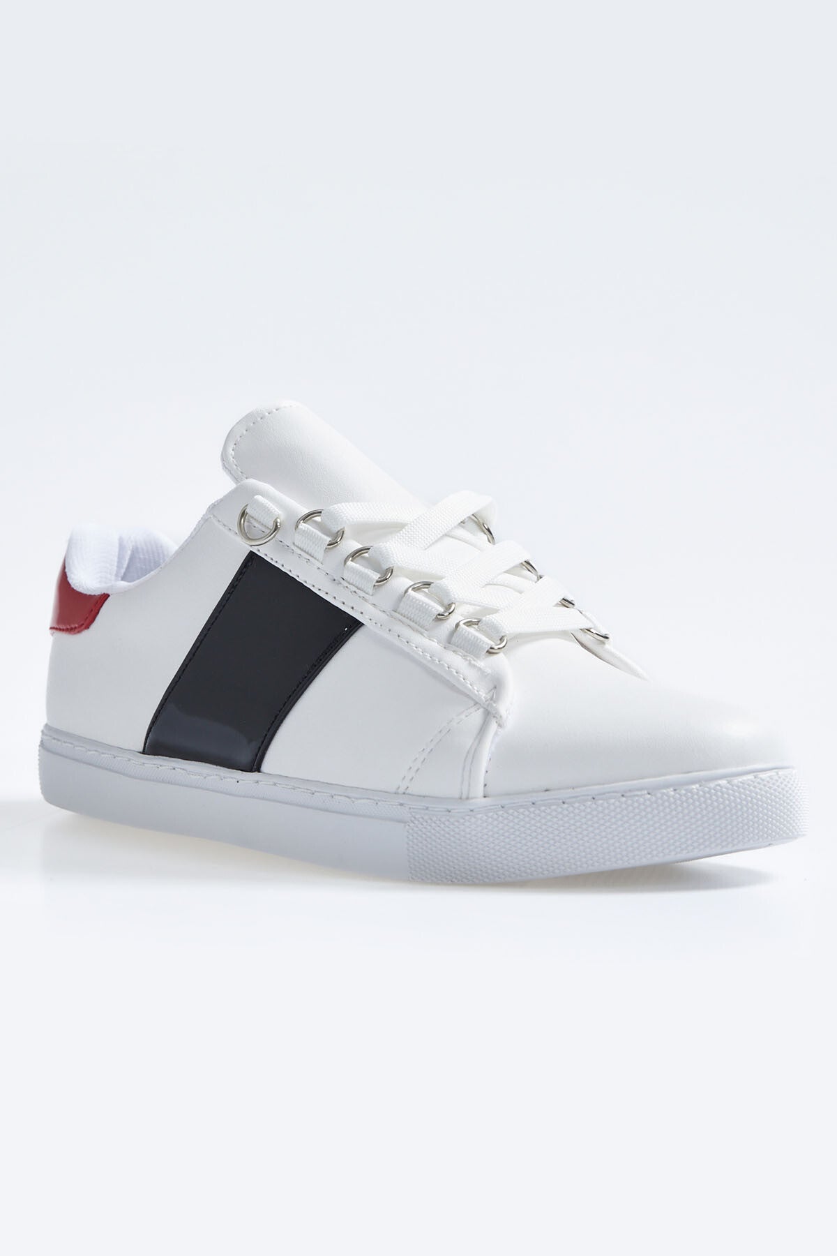 White - Black Laced Strip Detailed PU Leather Women's Sports Shoes - 89202