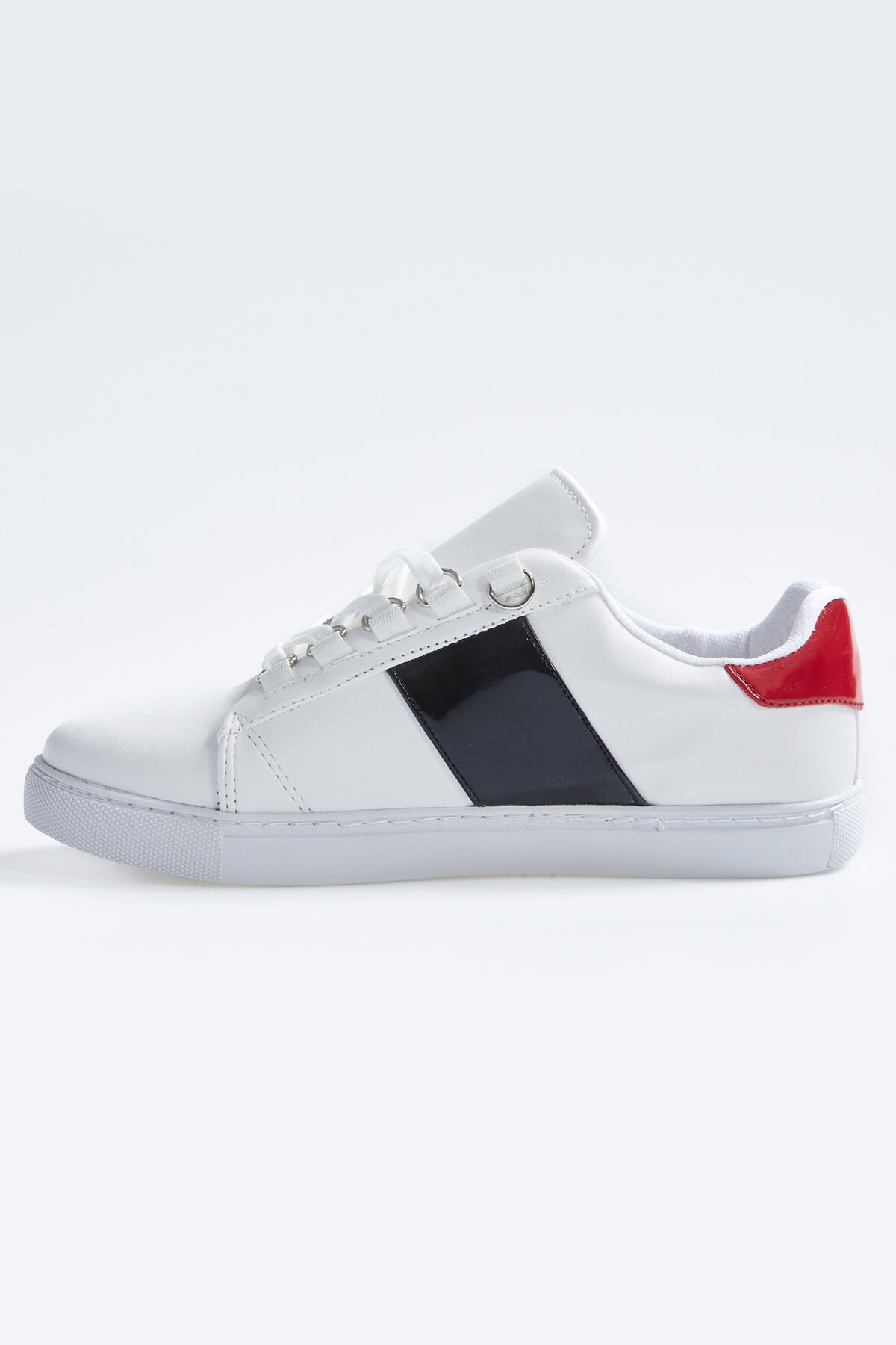 White - Black Laced Strip Detailed PU Leather Women's Sports Shoes - 89202