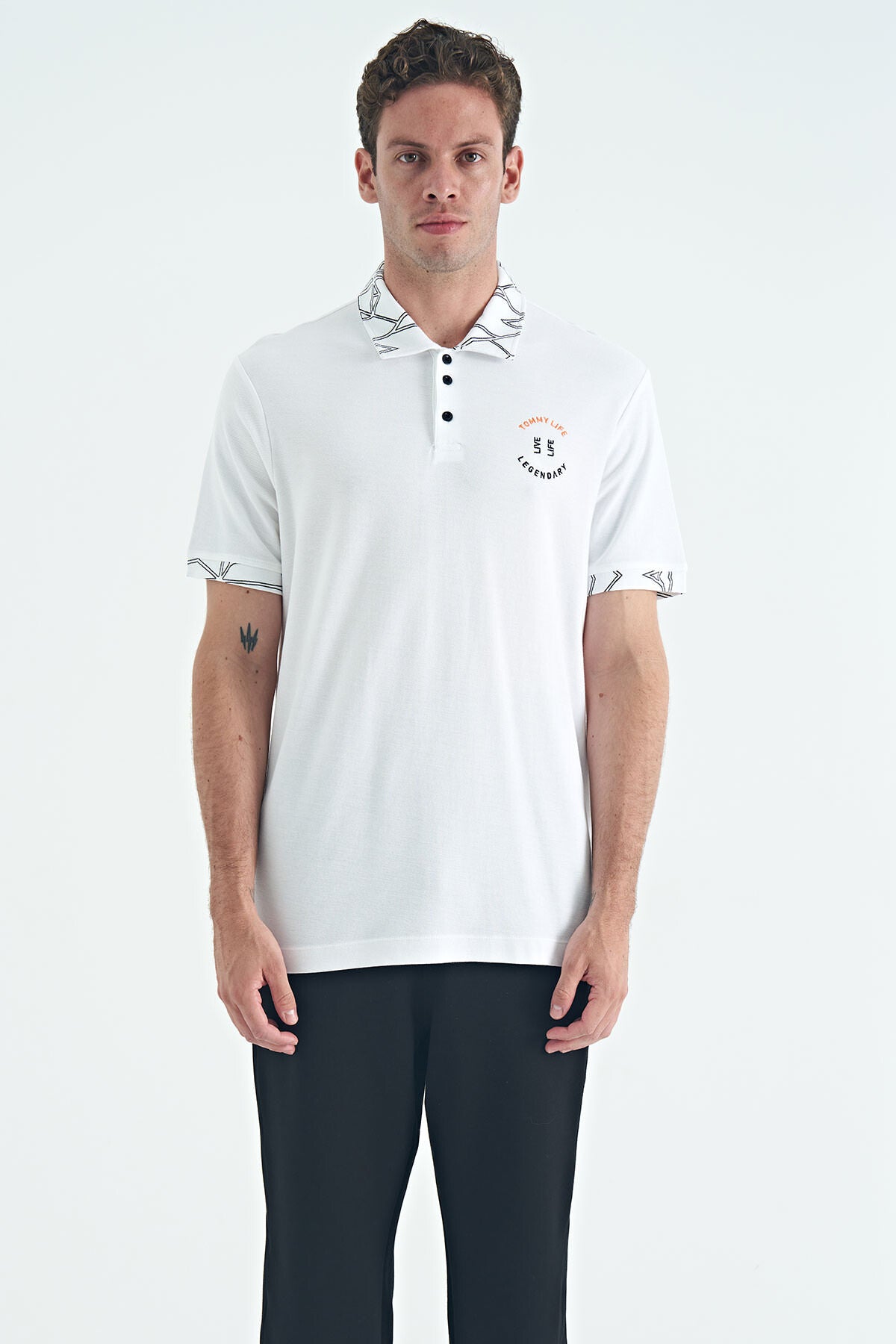 White Embroidered Print Detailed Standard Fit Polo Collar Men's T-Shirt - 88239