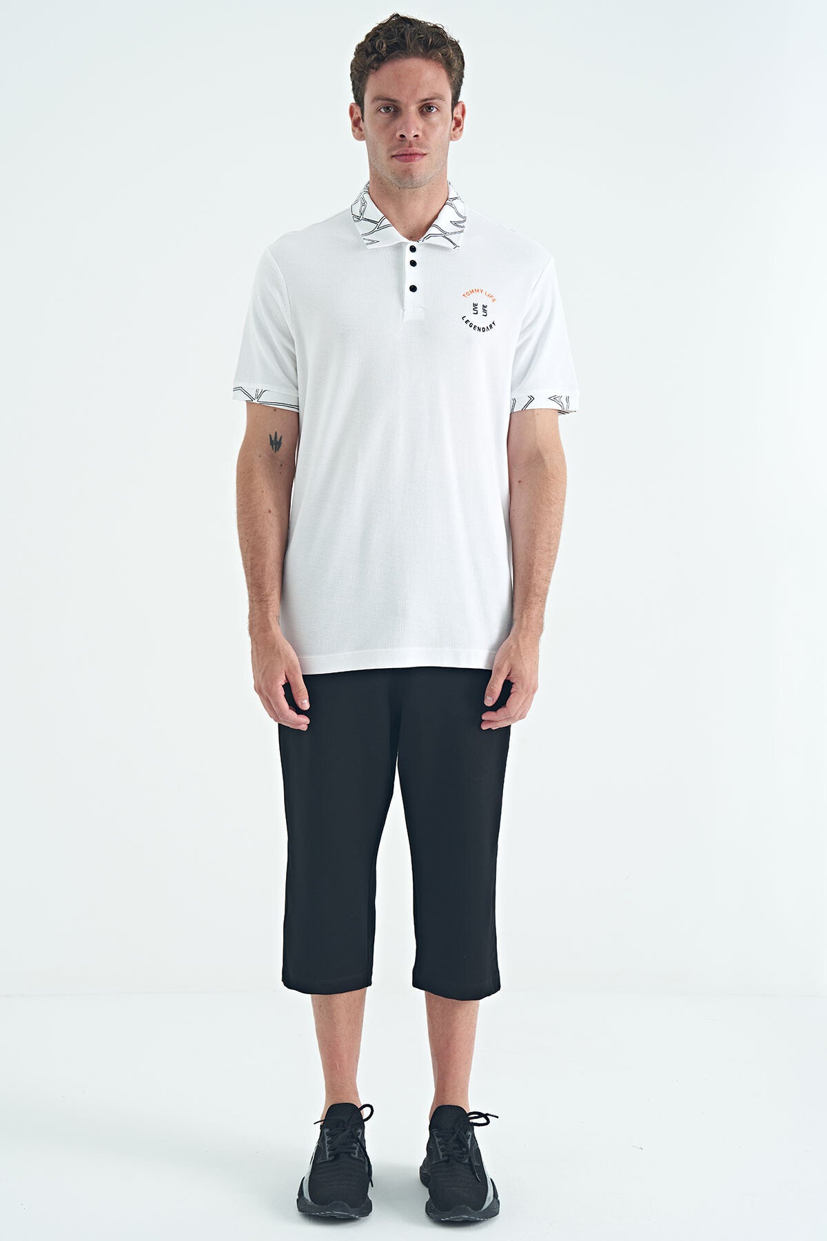 White Embroidered Print Detailed Standard Fit Polo Collar Men's T-Shirt - 88239
