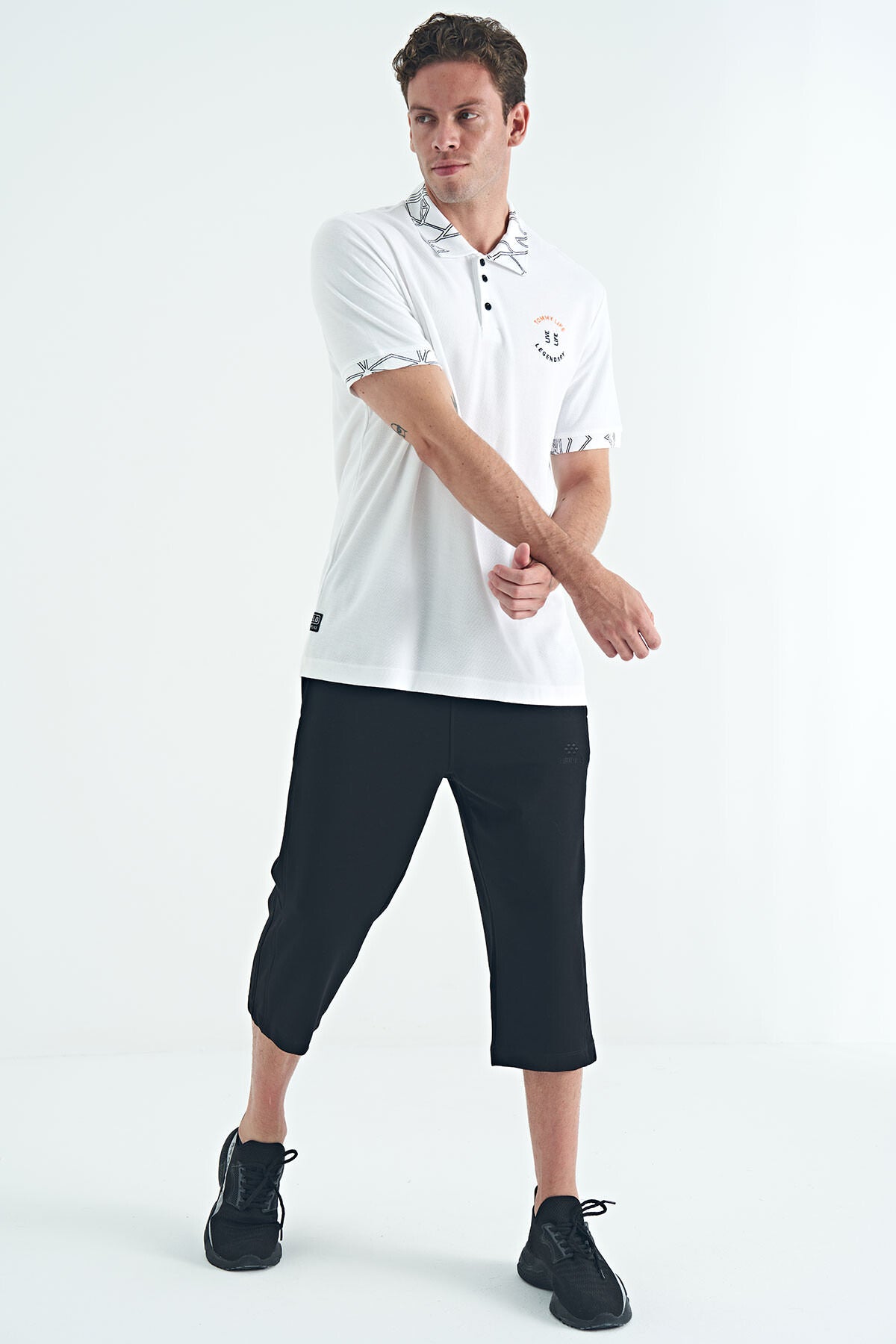 White Embroidered Print Detailed Standard Fit Polo Collar Men's T-Shirt - 88239