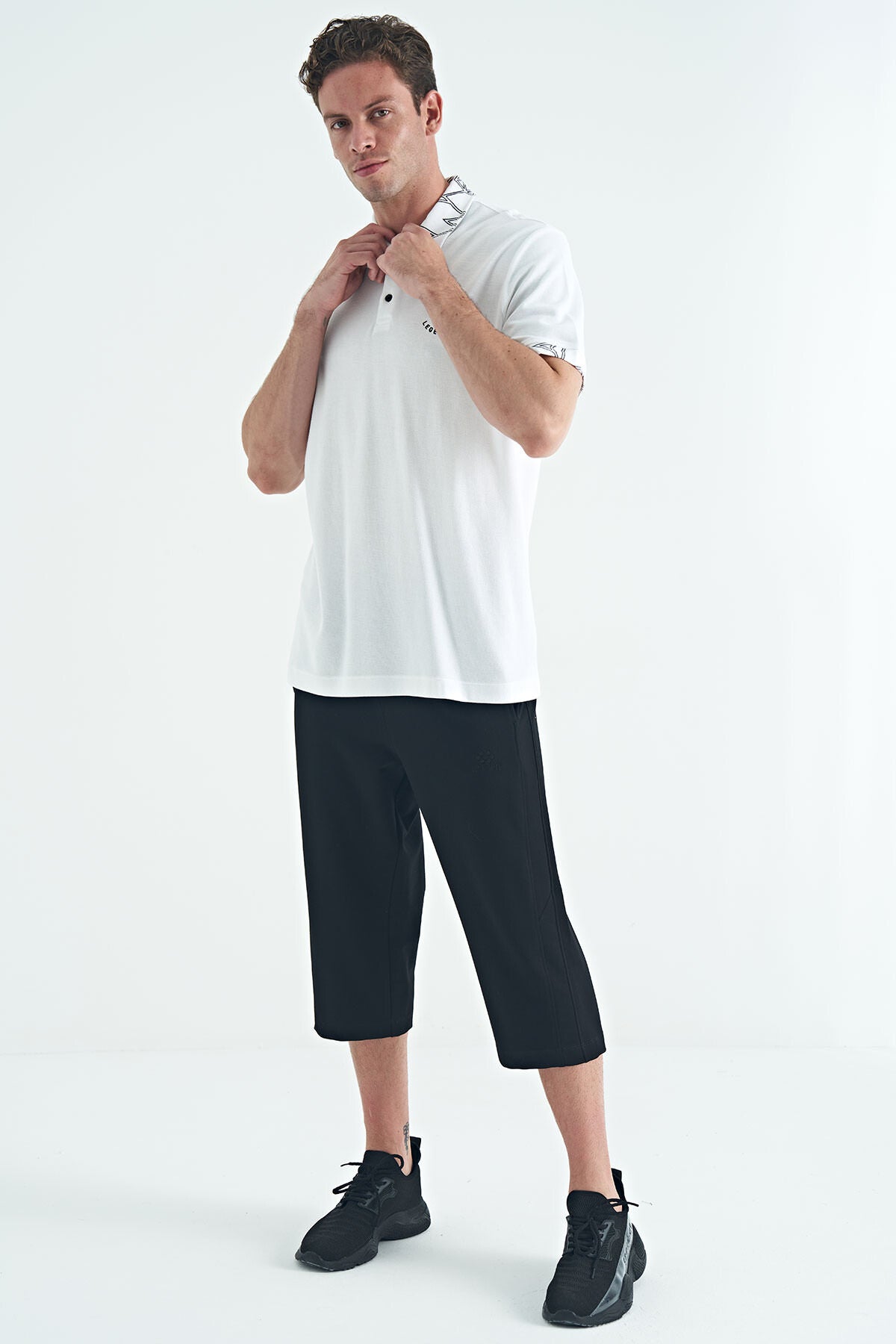 White Embroidered Print Detailed Standard Fit Polo Collar Men's T-Shirt - 88239