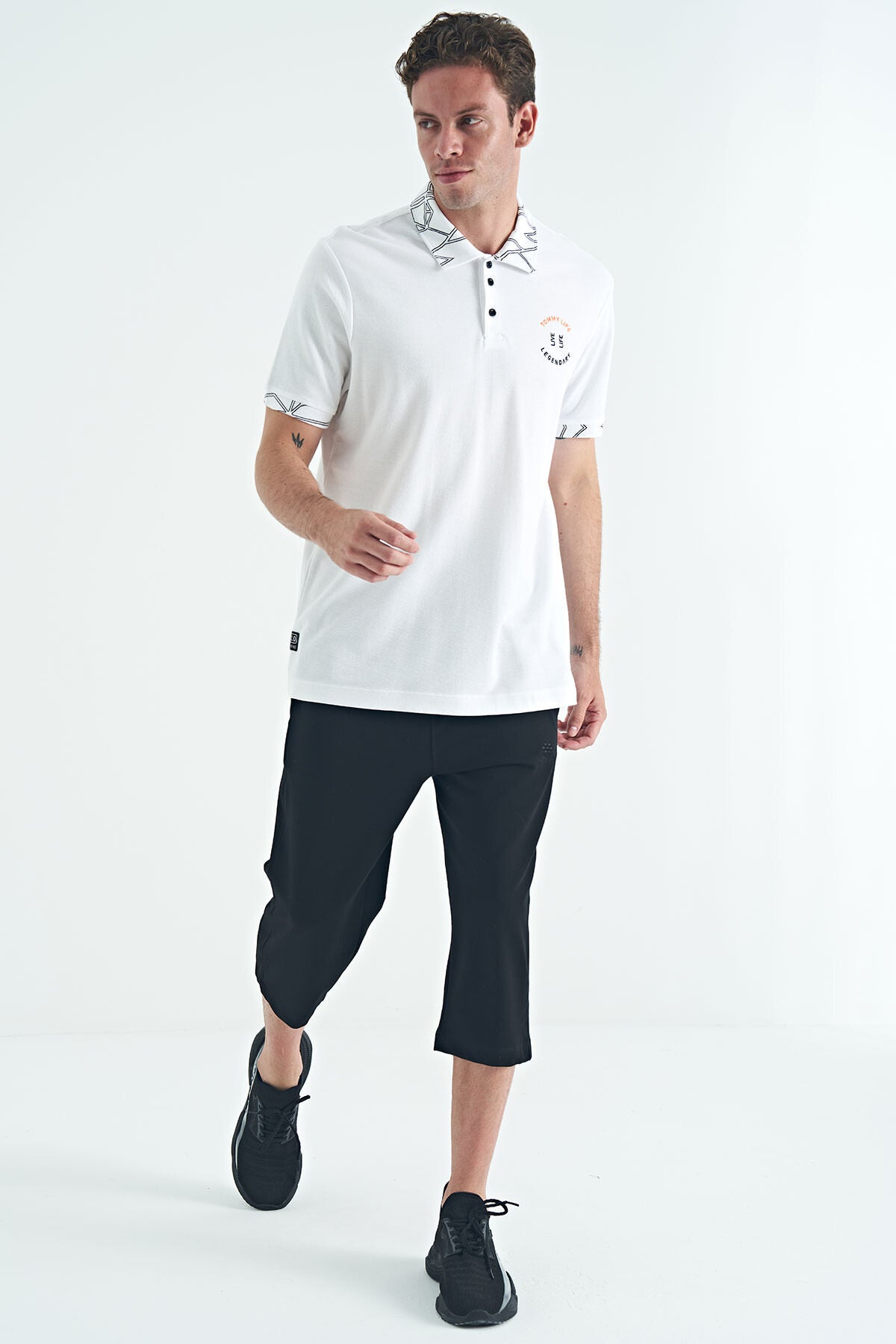 White Embroidered Print Detailed Standard Fit Polo Collar Men's T-Shirt - 88239