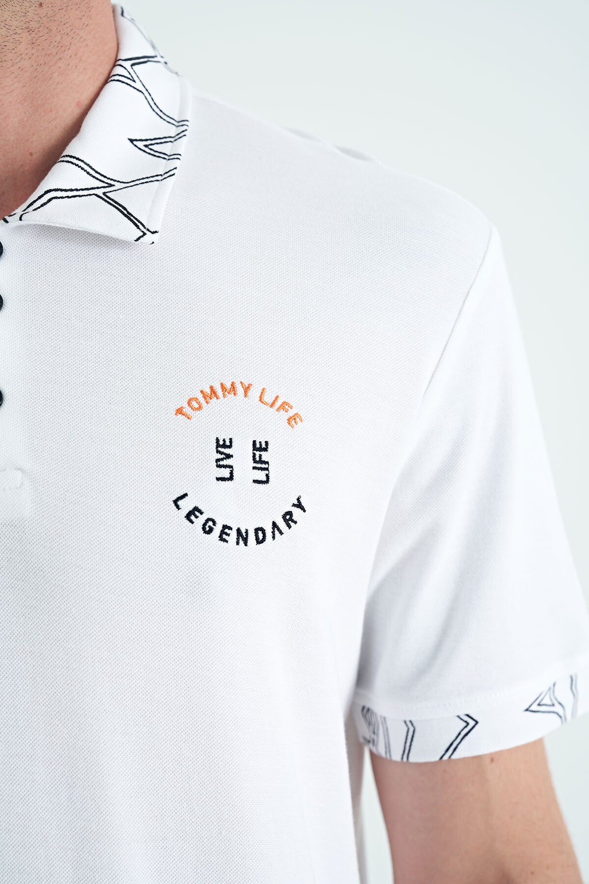 White Embroidered Print Detailed Standard Fit Polo Collar Men's T-Shirt - 88239