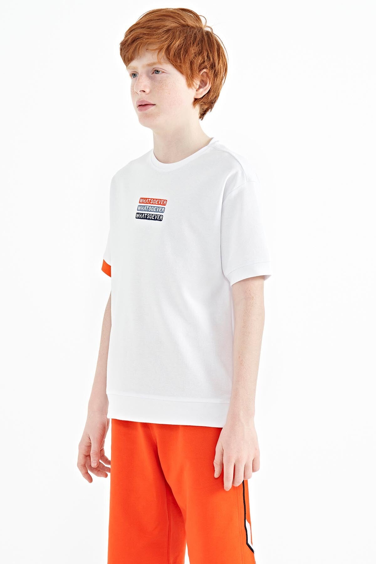 White Embroidered O Collar Oversize Boys T-Shirt - 11146
