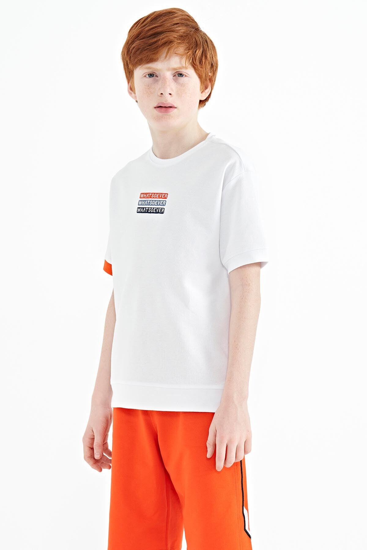 White Embroidered O Collar Oversize Boys T-Shirt - 11146