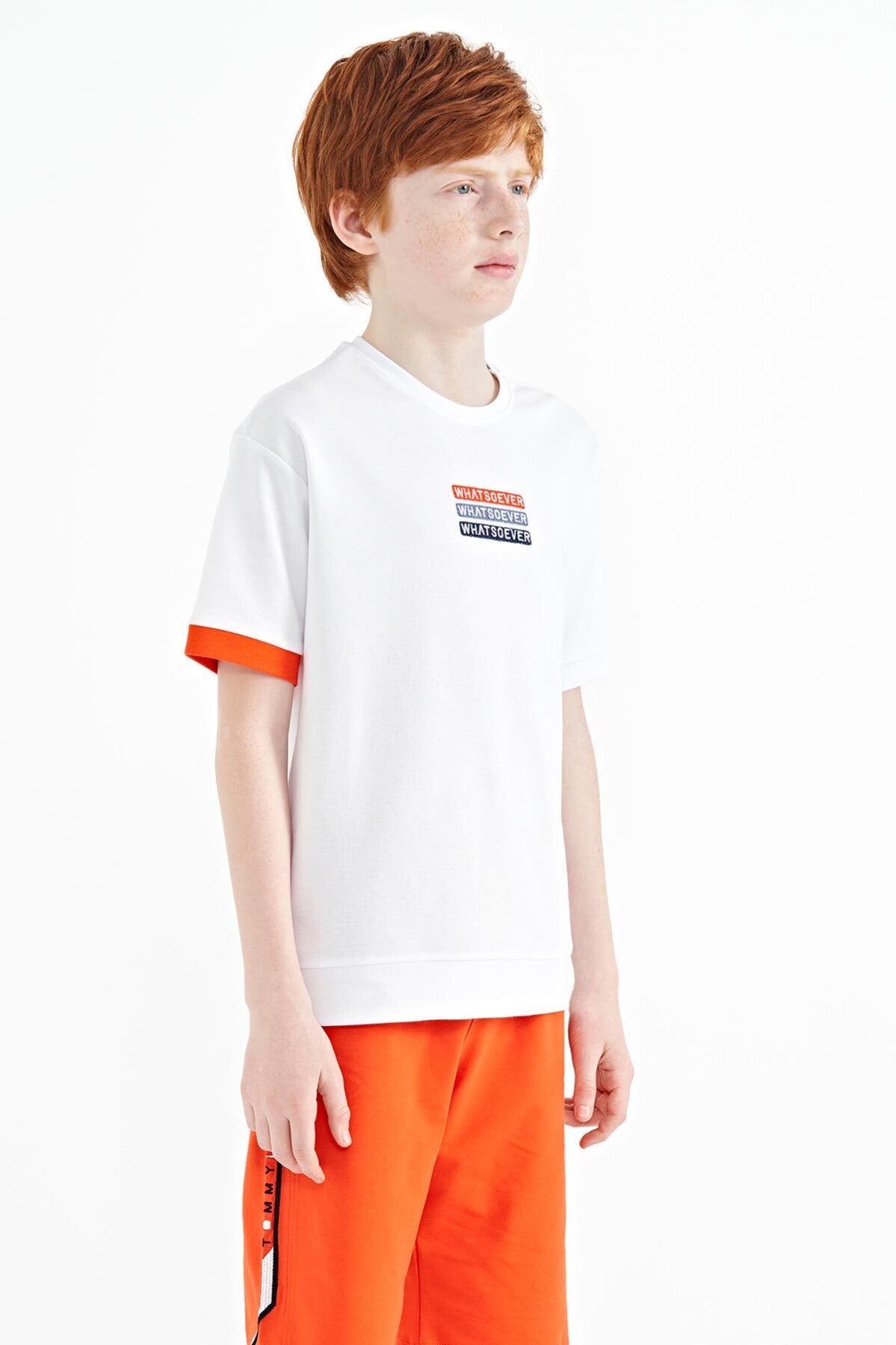 White Embroidered O Collar Oversize Boys T-Shirt - 11146
