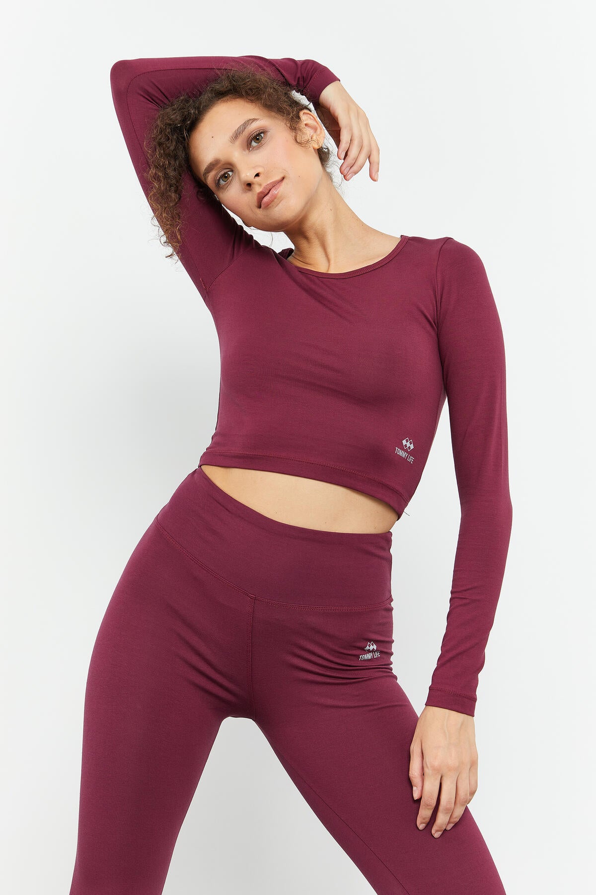 Long Sleeve Burgundy Slim Fit High Neck Women's Crop Top T-Shirt - 97150