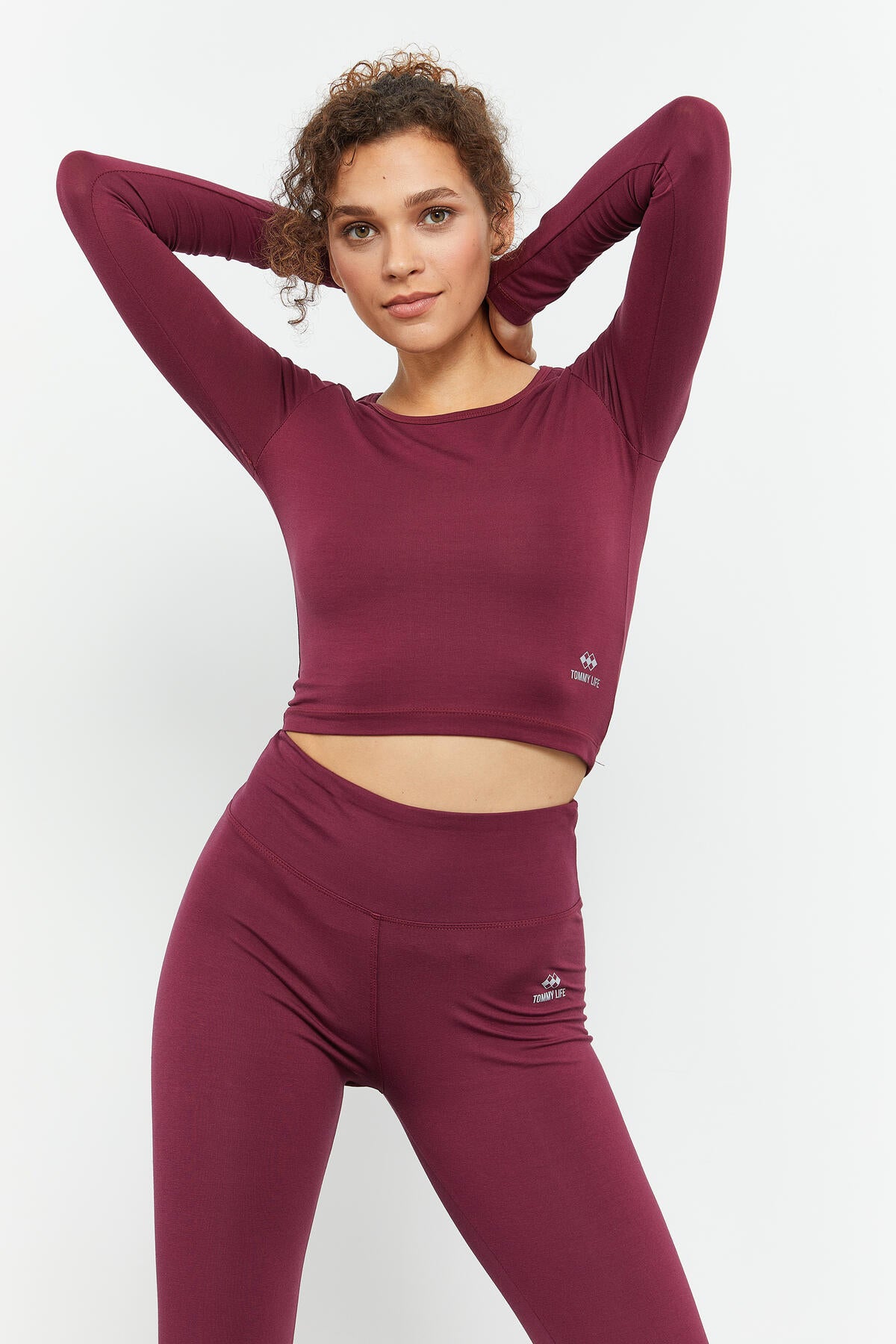 Long Sleeve Burgundy Slim Fit High Neck Women's Crop Top T-Shirt - 97150