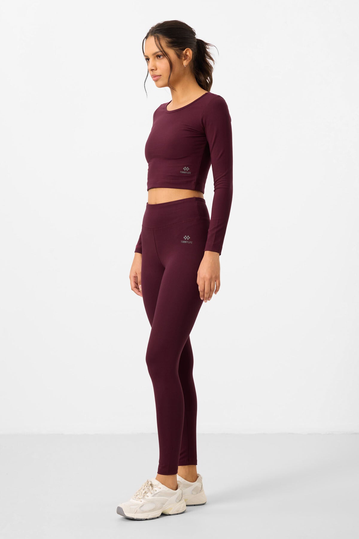 High Waist Long Sleeve Slim Fit Crop Top Women's Tights Set - 95286