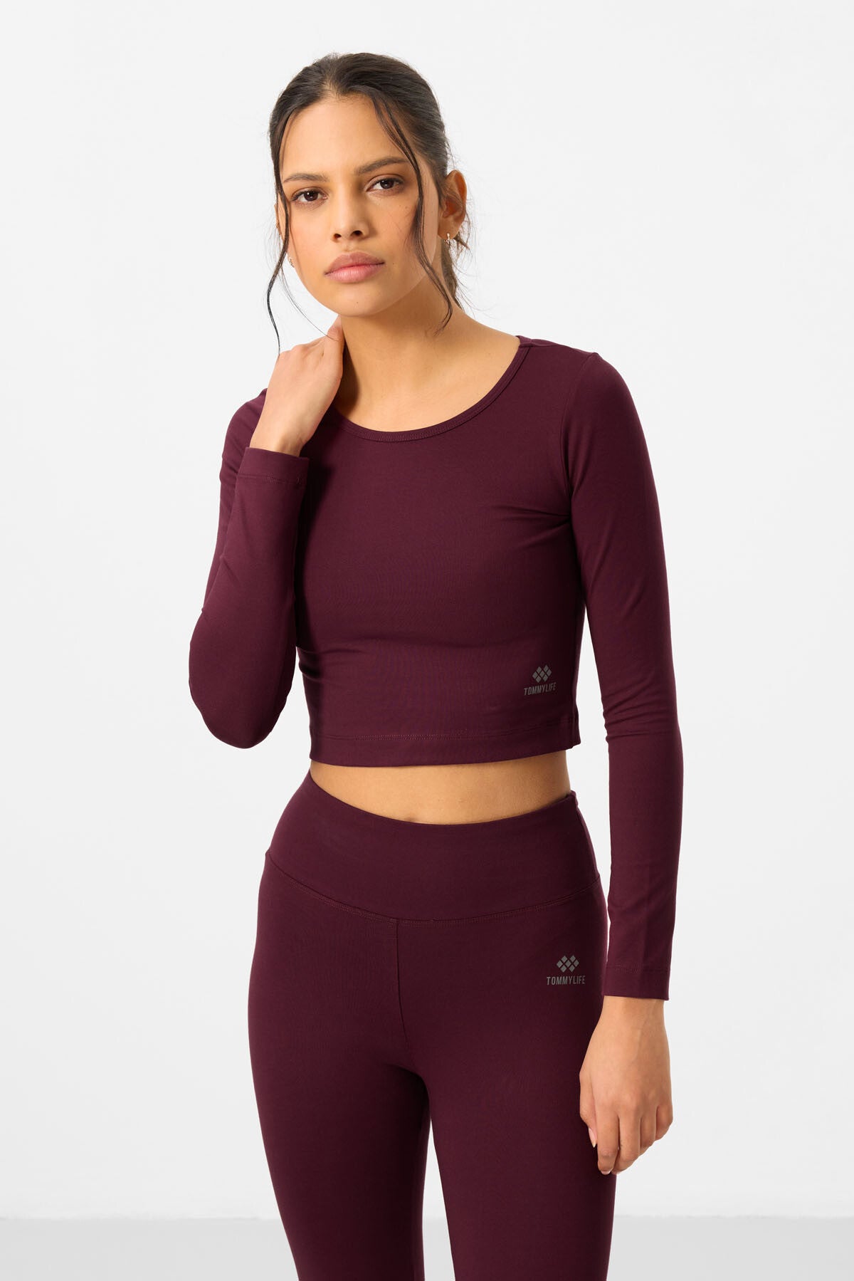 High Waist Long Sleeve Slim Fit Crop Top Women's Tights Set - 95286