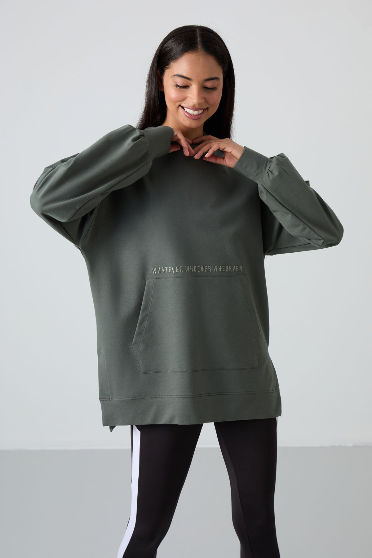 Balloon Sleeve Embroidered Women's Oversize Tunic Sweatshirt - 97163