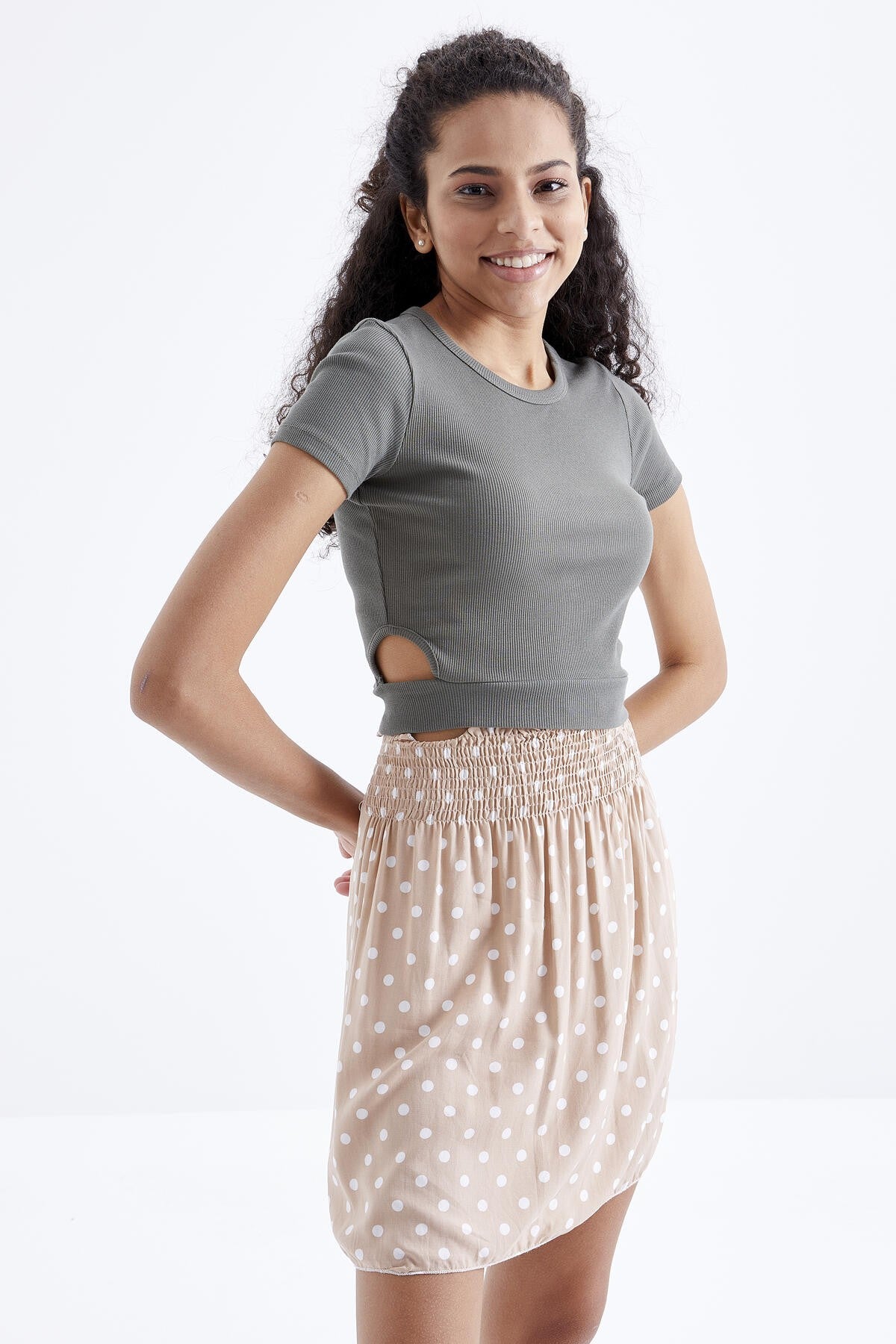 Basic Side Window O Collar Women's Crop Top T-Shirt - 97207
