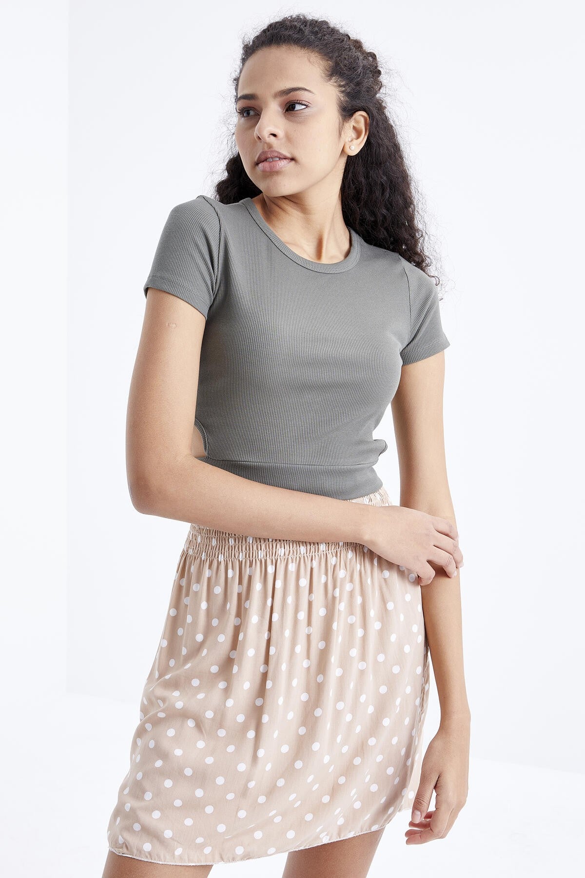 Basic Side Window O Collar Women's Crop Top T-Shirt - 97207