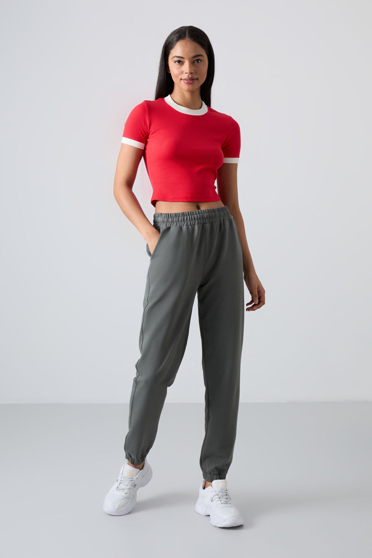 High Waist Comfortable Elastic Cuffed Women's Tracksuit Bottom - 94583