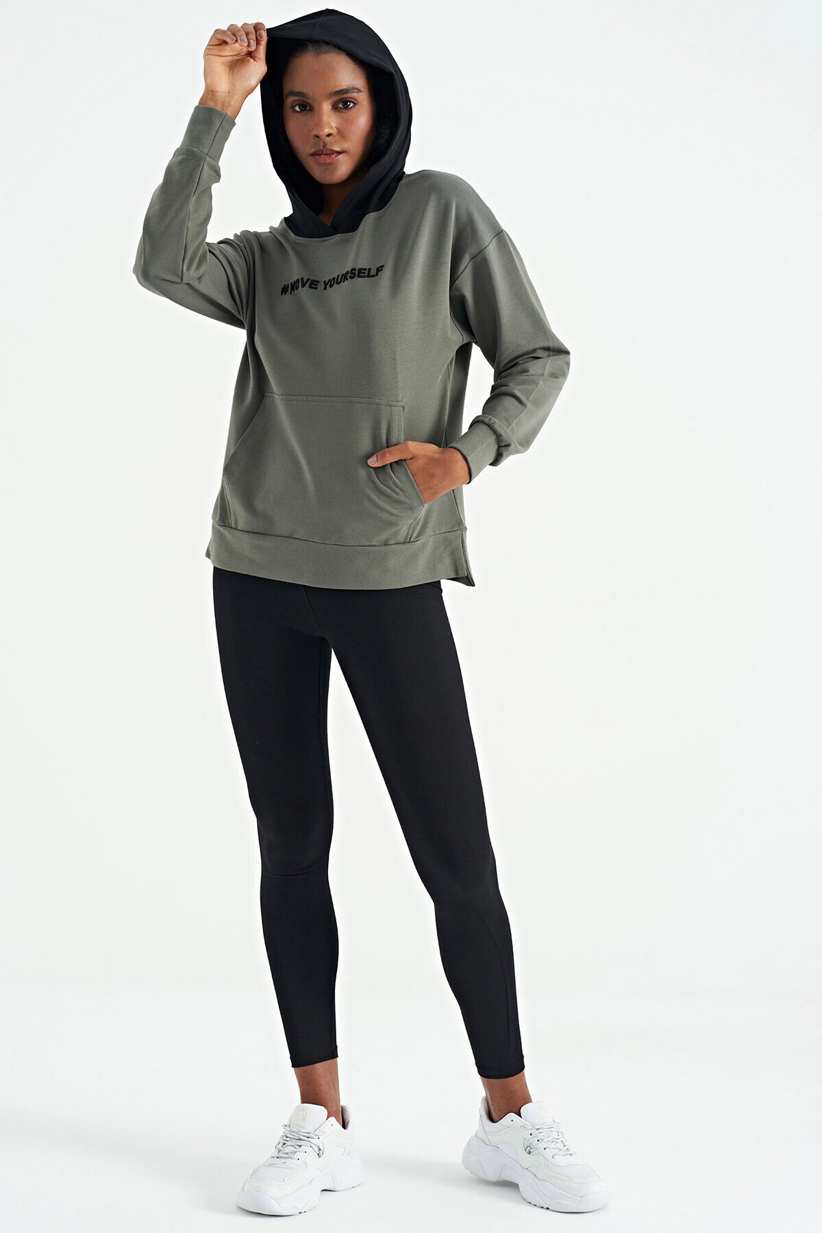 Khaki Women's Hooded Kangaroo Pocket Women's Oversize Sweatshirt - 97161