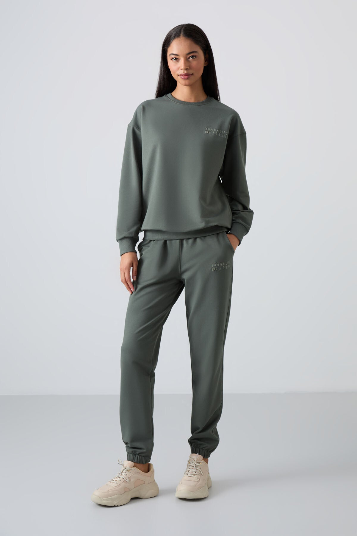 Basic Cotton O-Neck Oversize Elastic Cuffed Women's Tracksuit Set - 95287