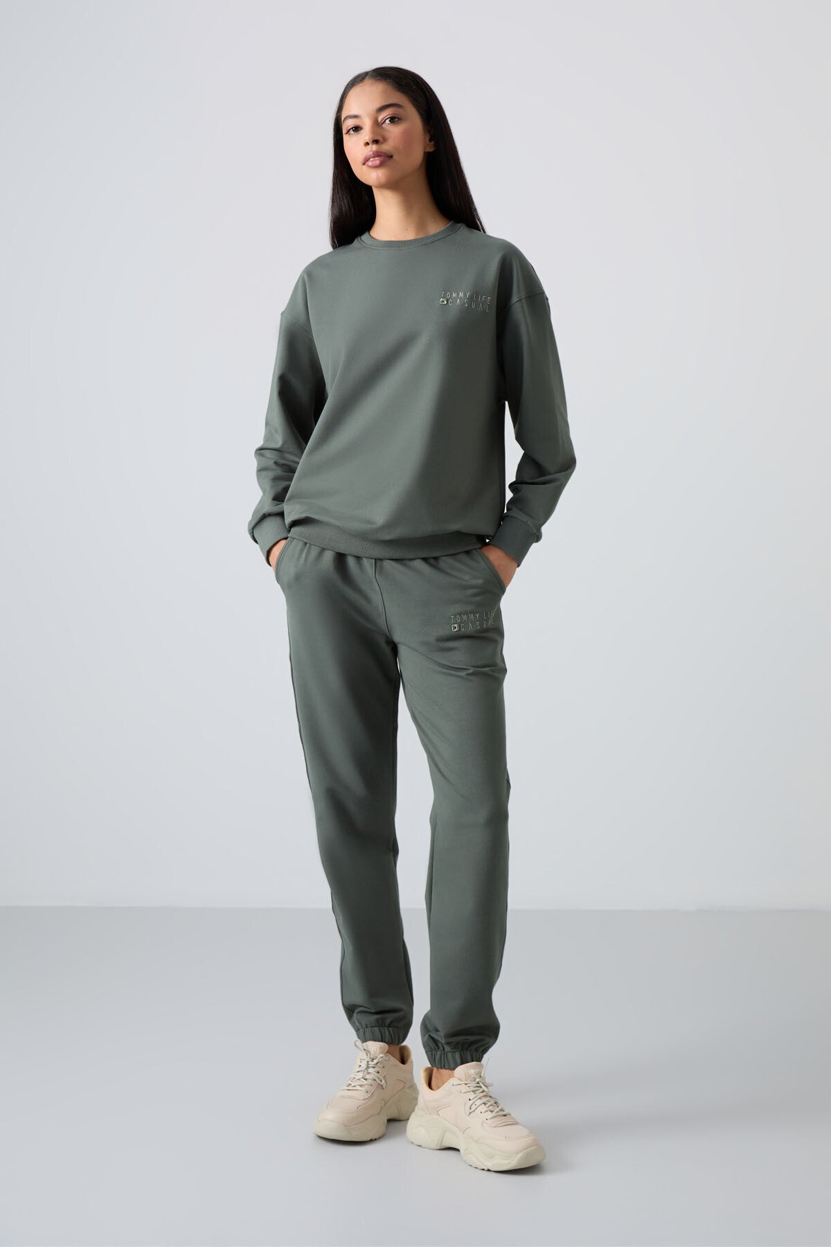 Basic Cotton O-Neck Oversize Elastic Cuffed Women's Tracksuit Set - 95287