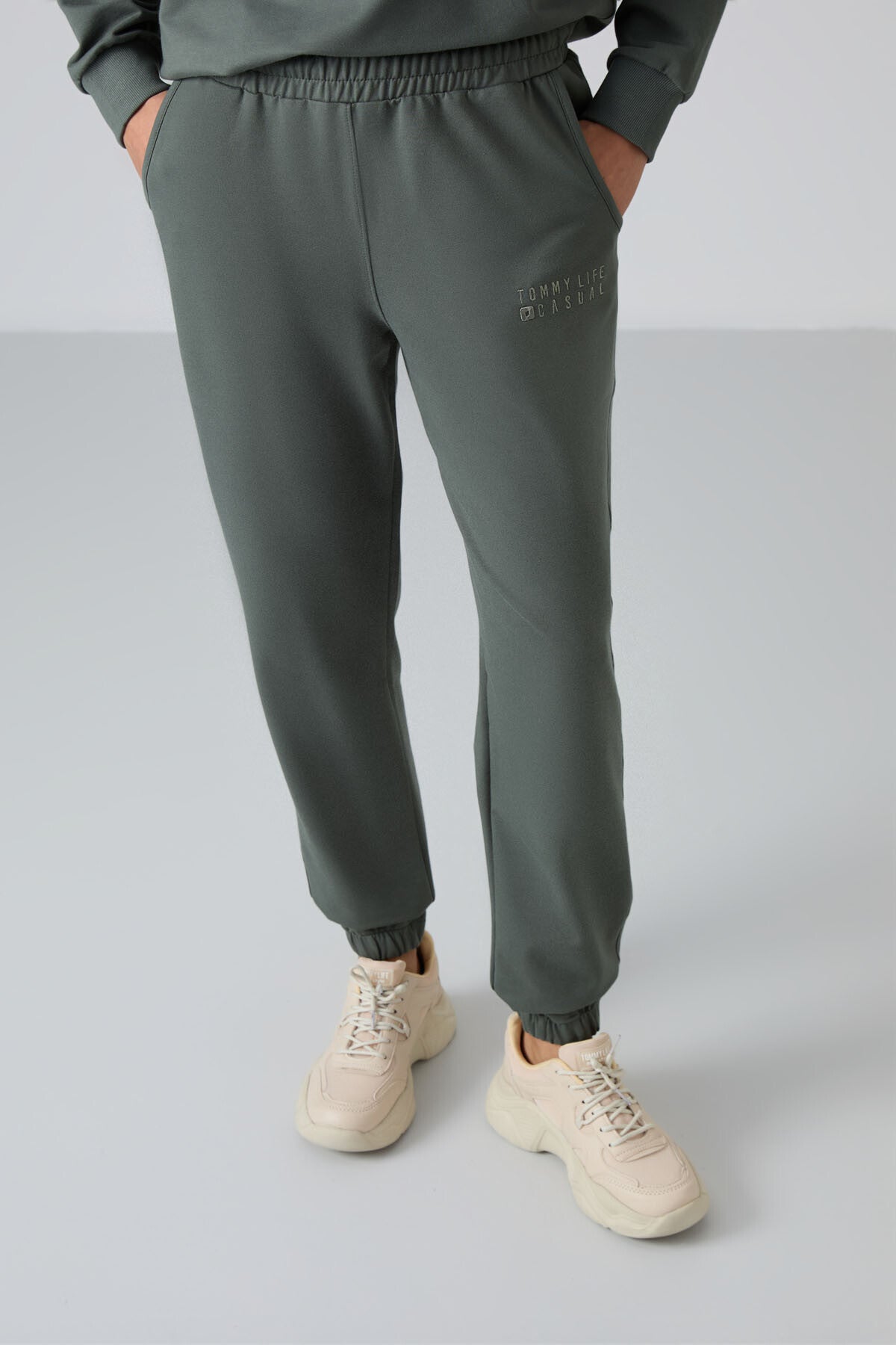 Basic Cotton O-Neck Oversize Elastic Cuffed Women's Tracksuit Set - 95287