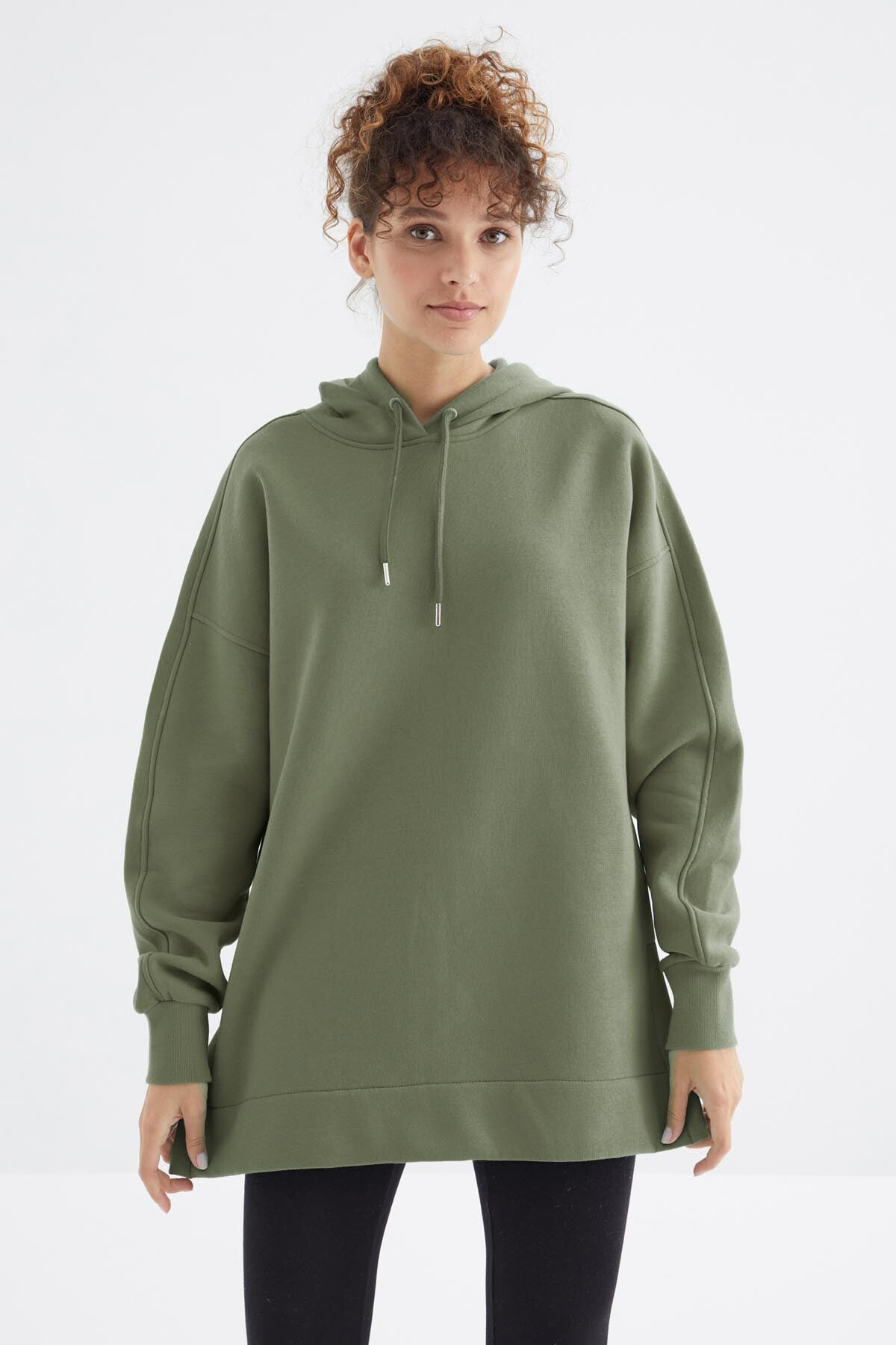 Raglan Sleeve Basic Hooded Oversize Sweatshirt Tunic - 97242