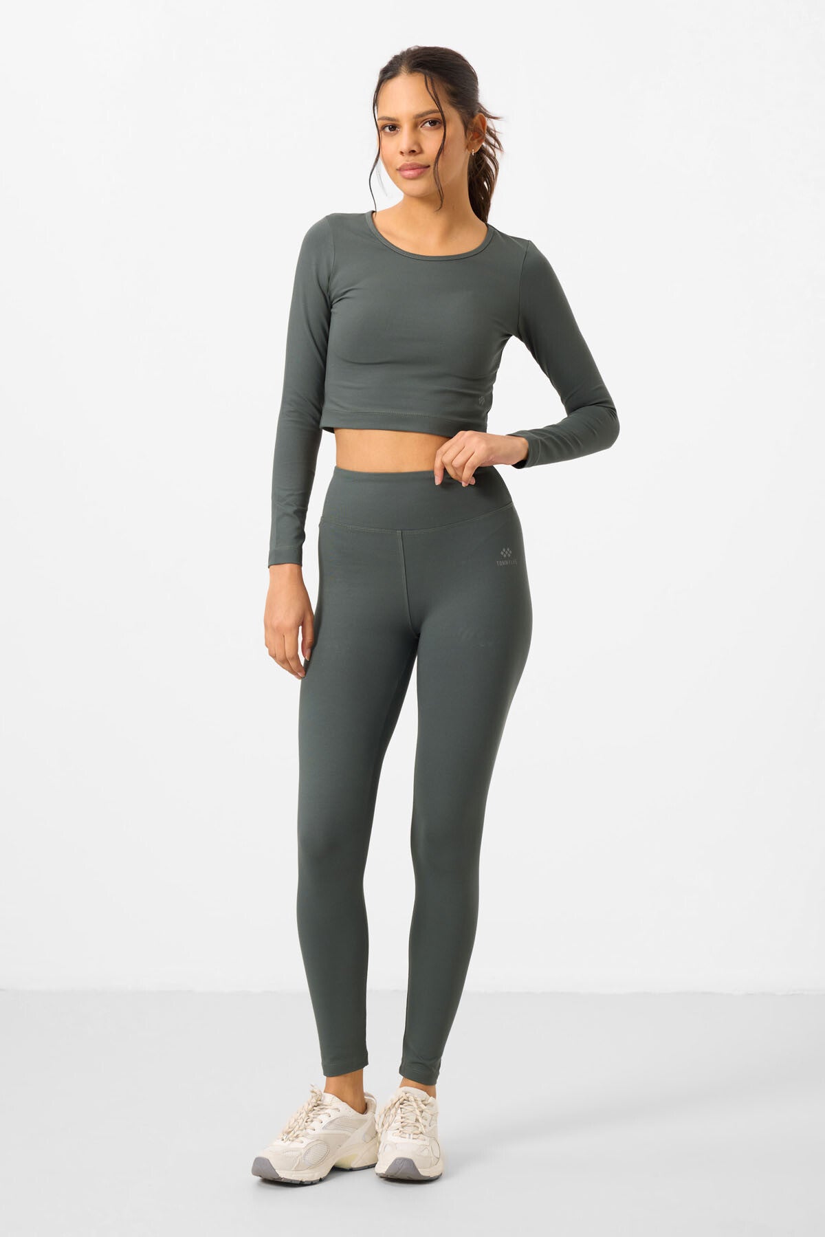 High Waist Long Sleeve Slim Fit Crop Top Women's Tights Set - 95286