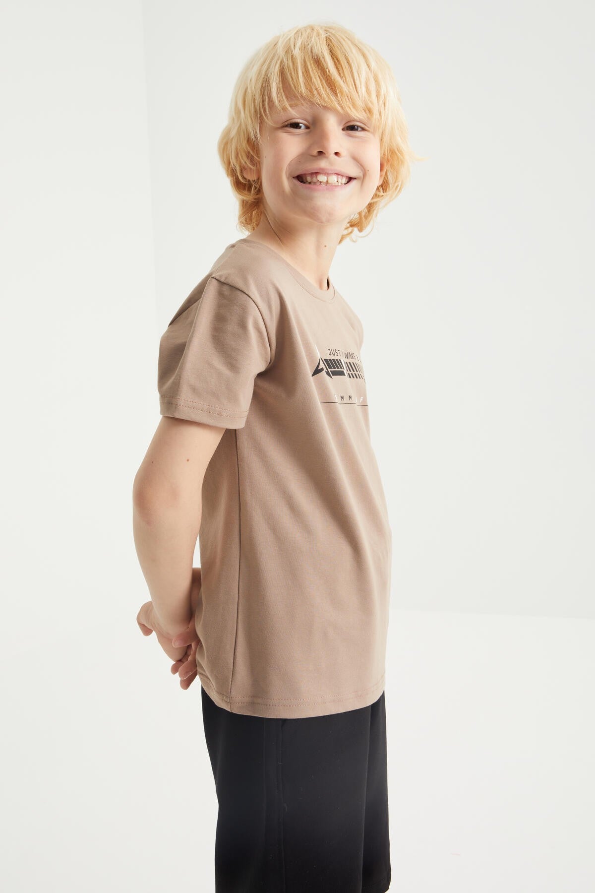 Camel - Black Print Detailed O Collar Short Sleeve Boys Shorts Set - 10944