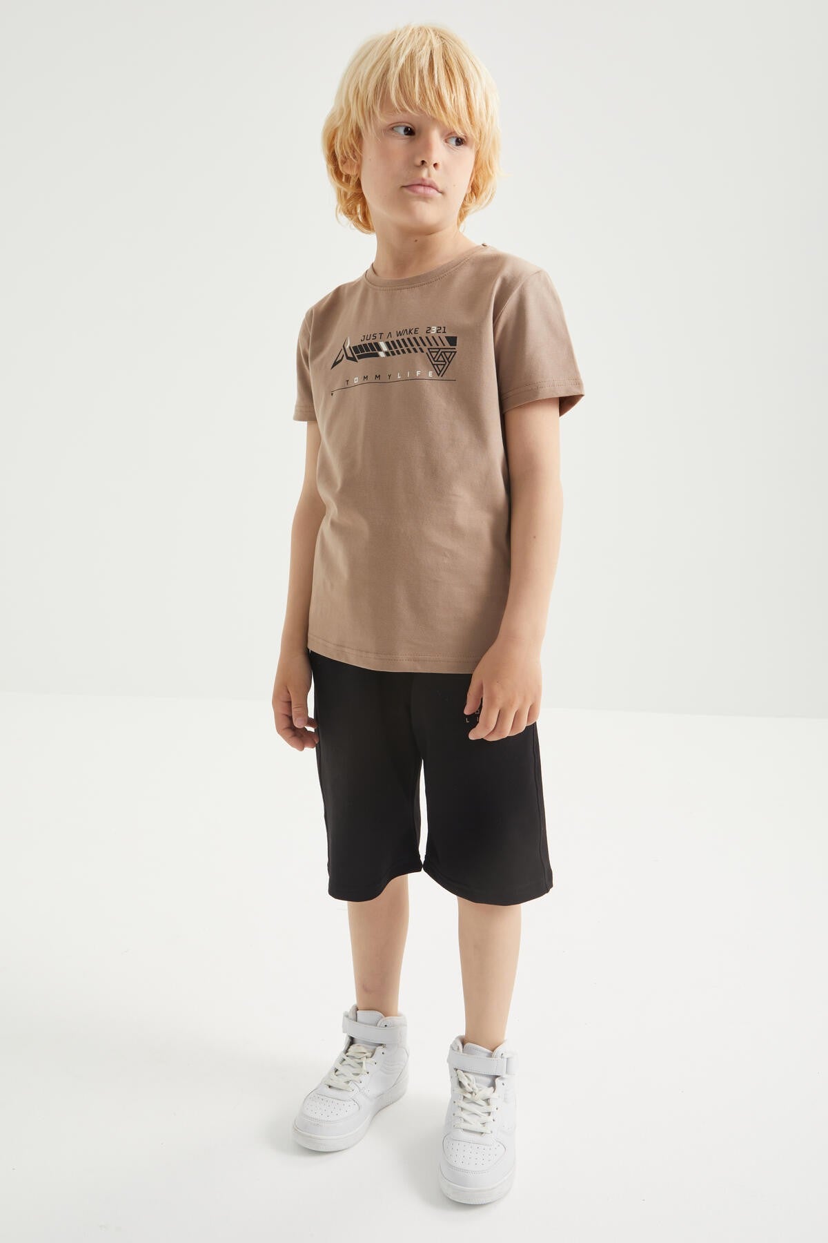 Camel - Black Print Detailed O Collar Short Sleeve Boys Shorts Set - 10944