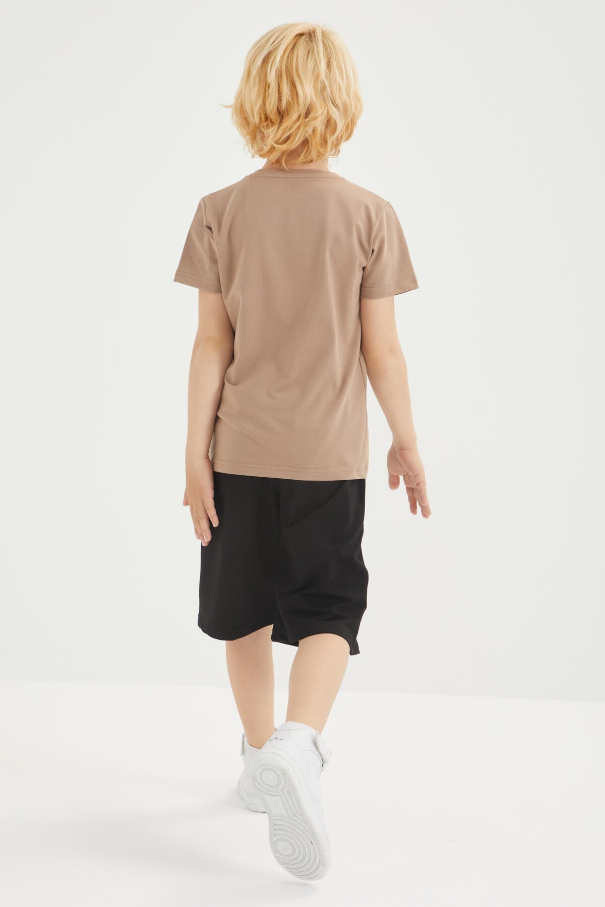 Camel - Black Print Detailed O Collar Short Sleeve Boys Shorts Set - 10944