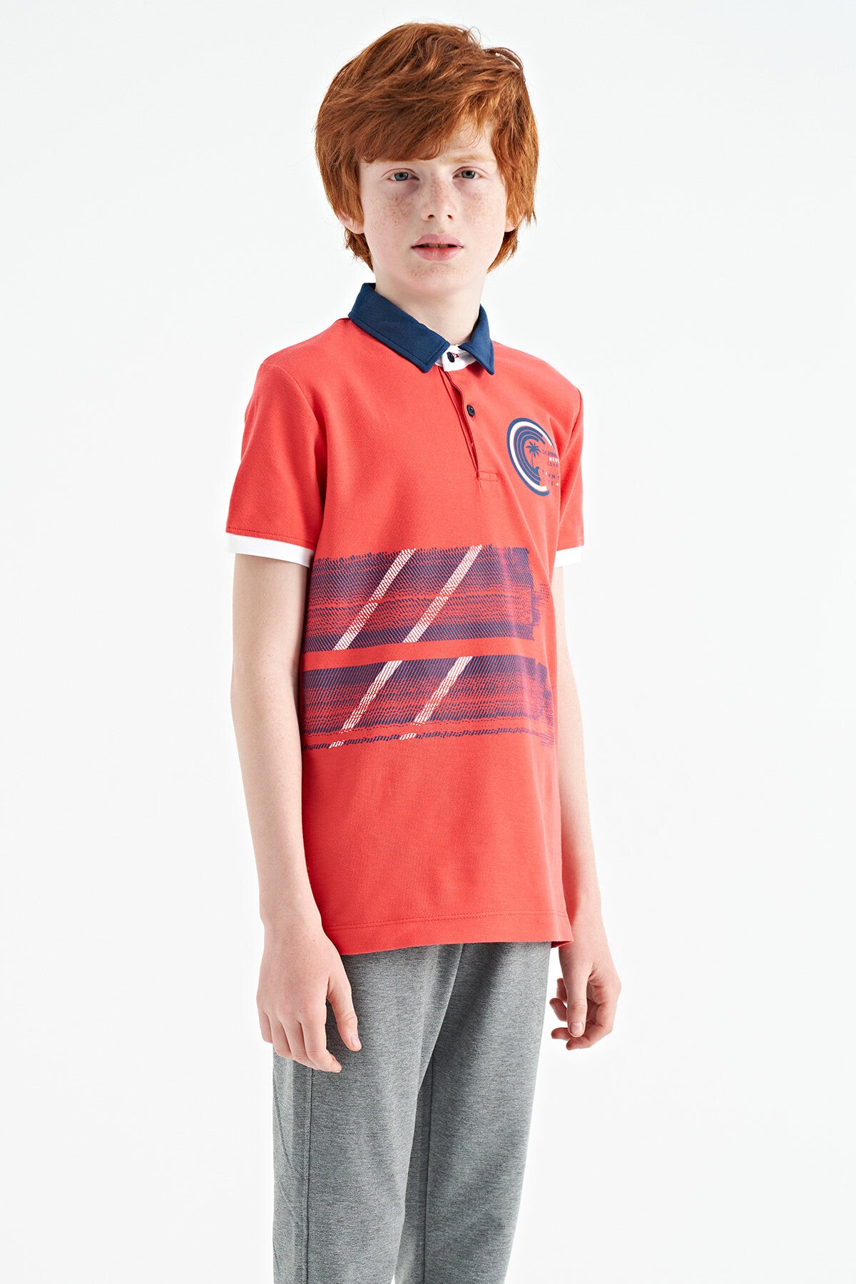Coral Print Detailed Polo Collar Standard Fit Boys' T-Shirt - 11094