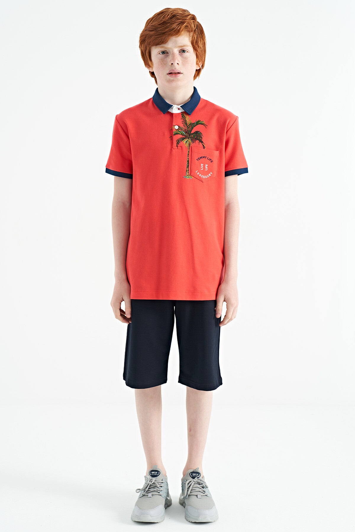 Coral Print Pocket Detailed Standard Mold Polo Collar Boys' T-Shirt - 11144