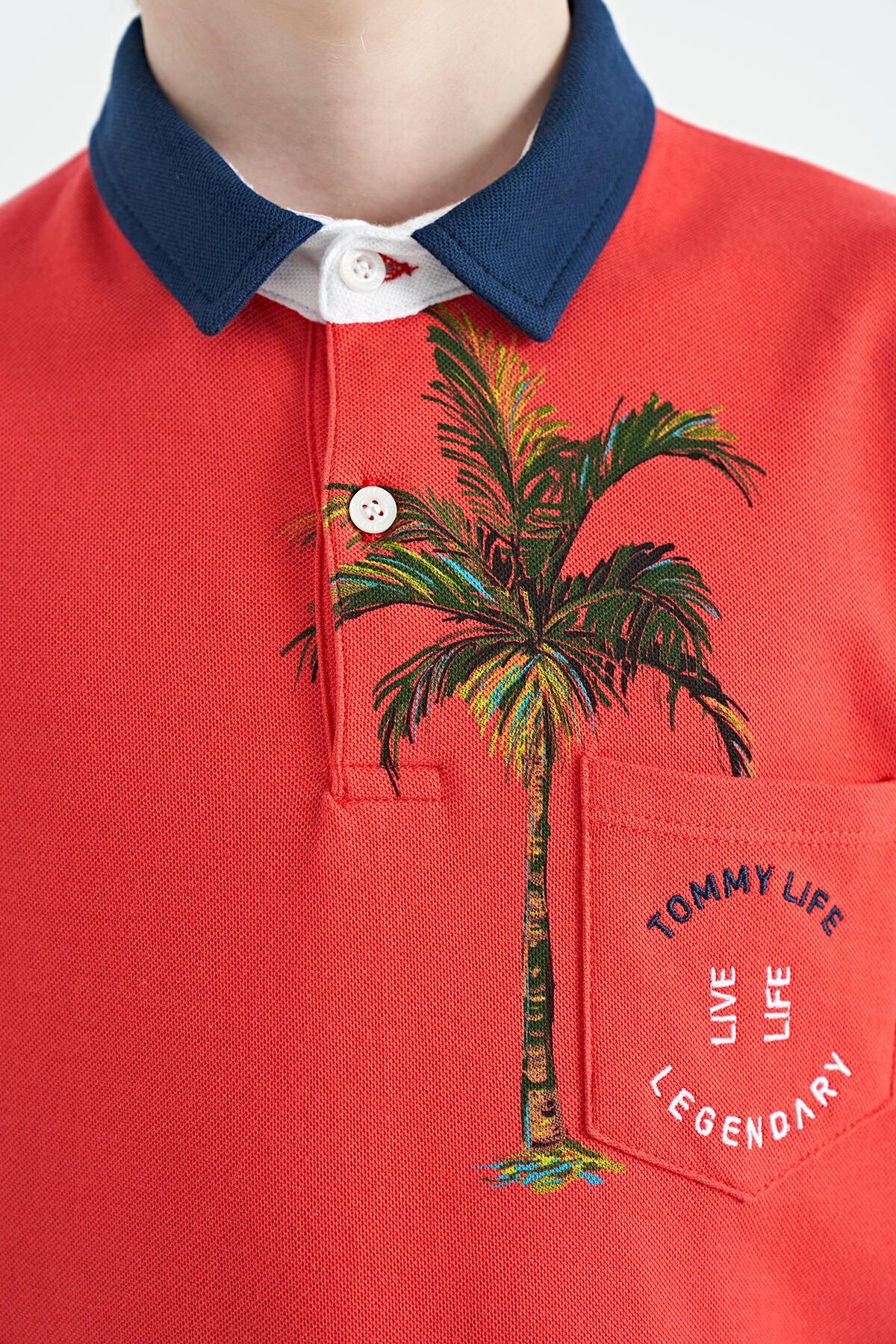 Coral Print Pocket Detailed Standard Mold Polo Collar Boys' T-Shirt - 11144