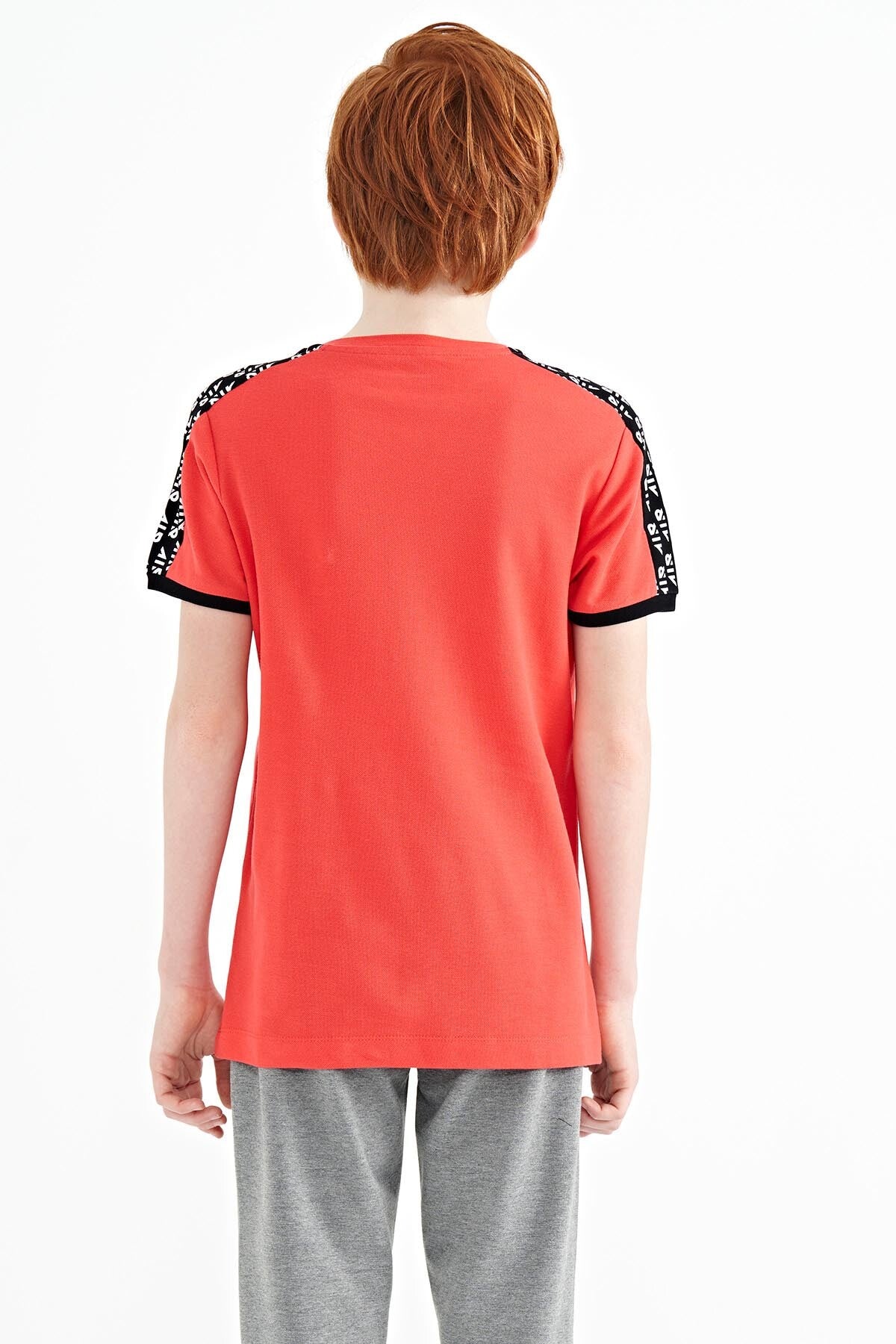 Coral Shoulder Print Detailed Standard Mold O Collar Boys T-Shirt - 11121