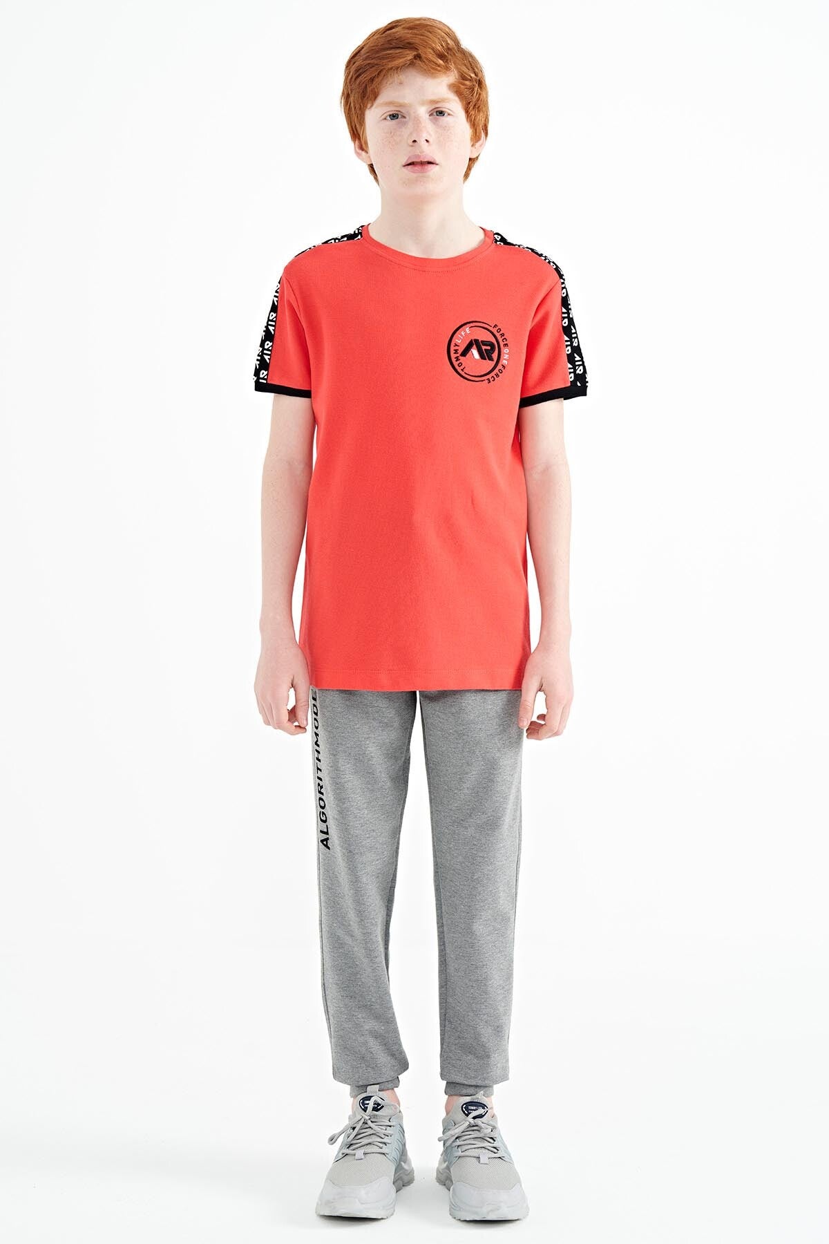 Coral Shoulder Print Detailed Standard Mold O Collar Boys T-Shirt - 11121