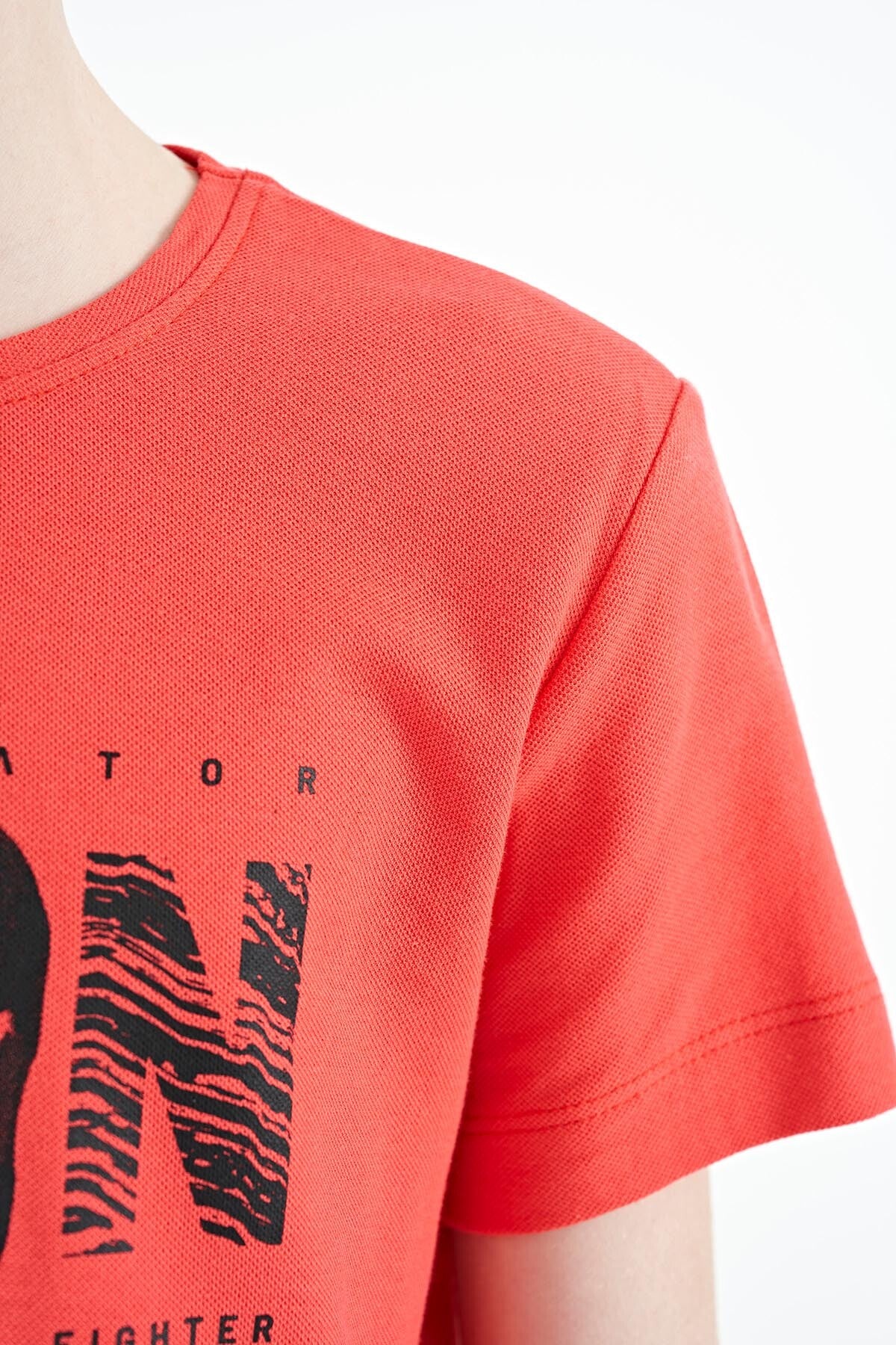 Coral Front Print Embroidered O Collar Standard Cut Boys' T-Shirt - 11118