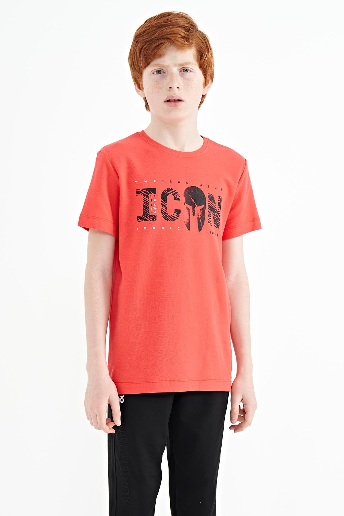 Coral Front Print Embroidered O Collar Standard Cut Boys' T-Shirt - 11118
