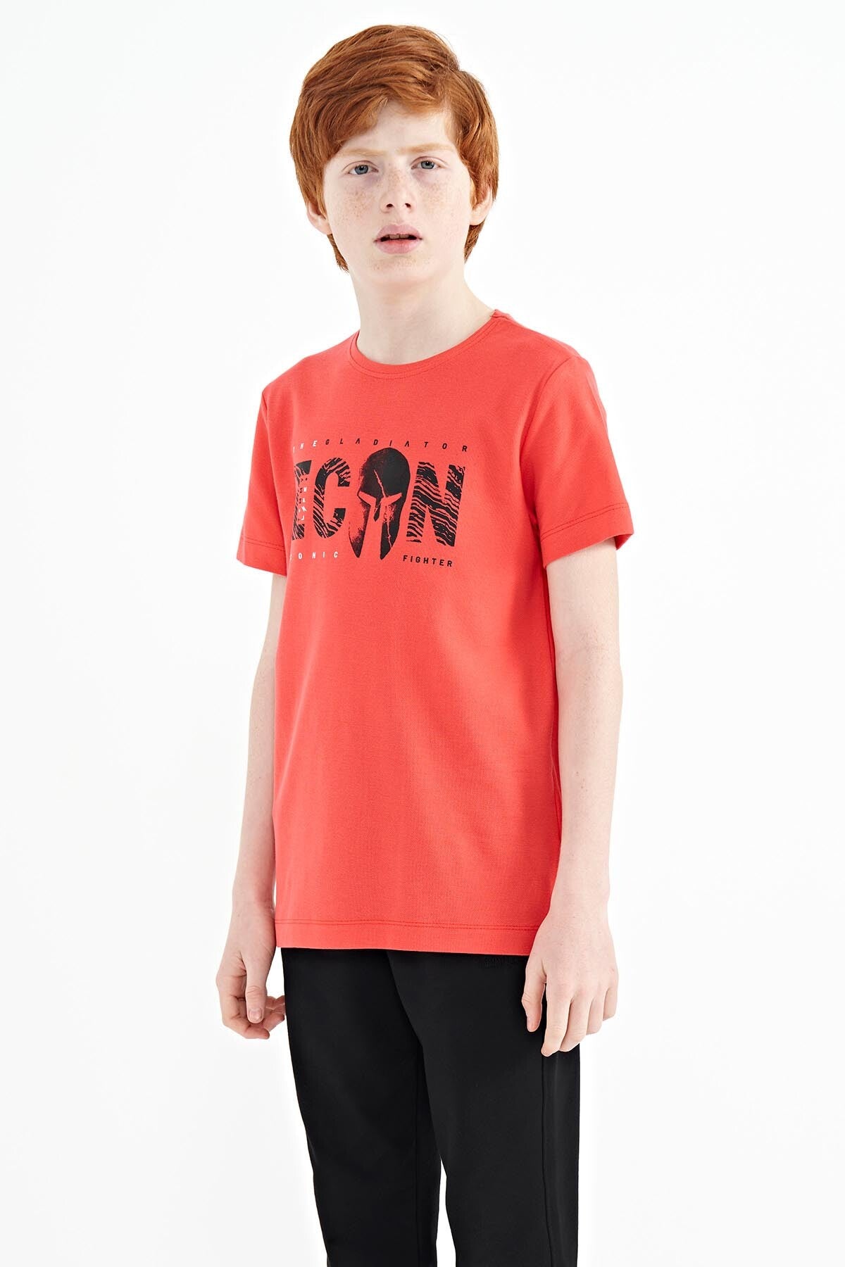 Coral Front Print Embroidered O Collar Standard Cut Boys' T-Shirt - 11118