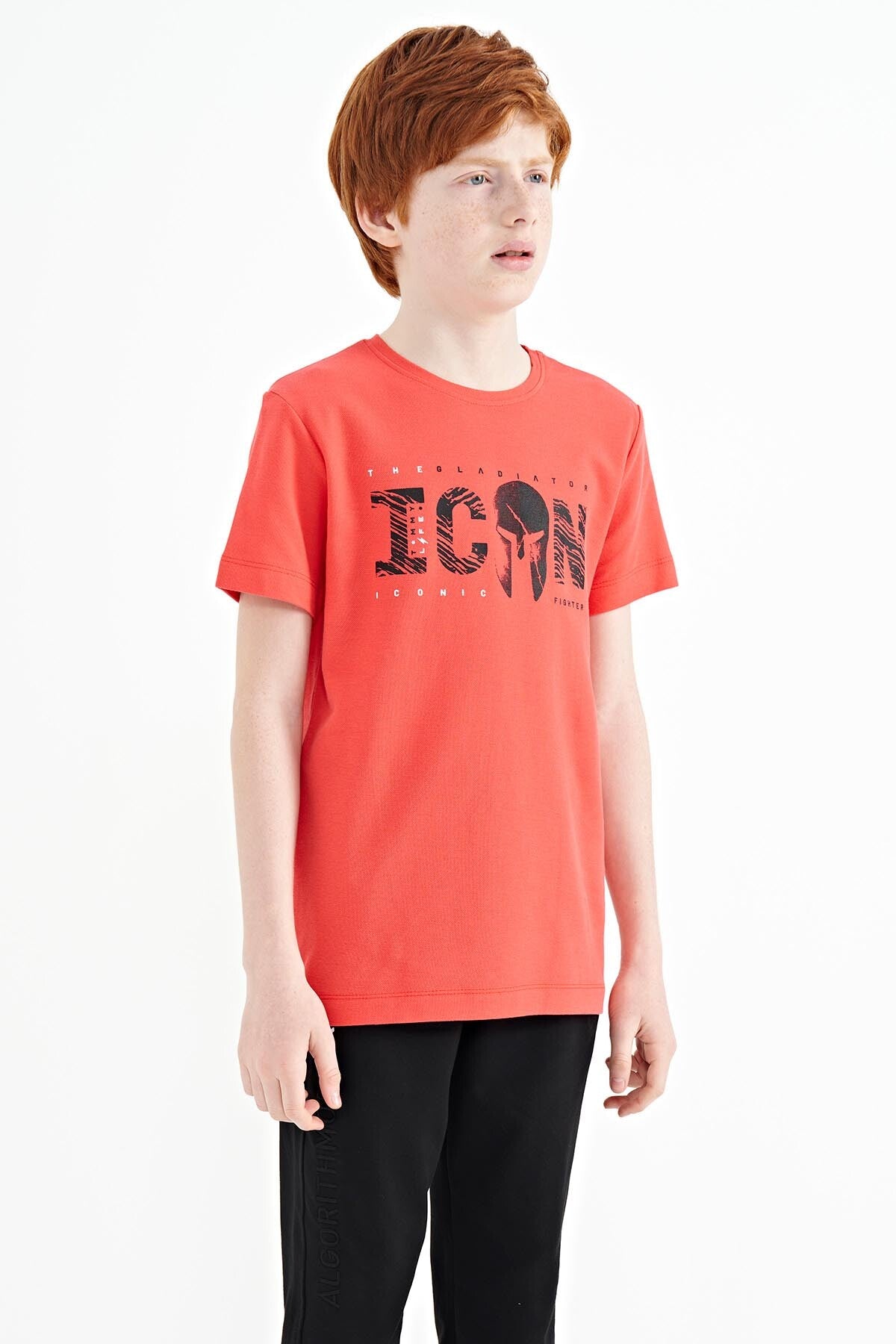 Coral Front Print Embroidered O Collar Standard Cut Boys' T-Shirt - 11118