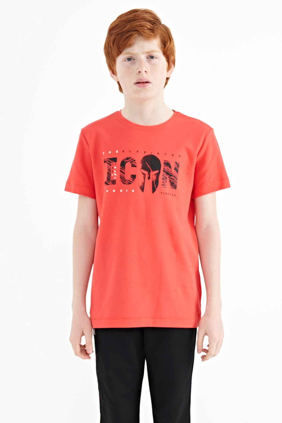Coral Front Print Embroidered O Collar Standard Cut Boys' T-Shirt - 11118