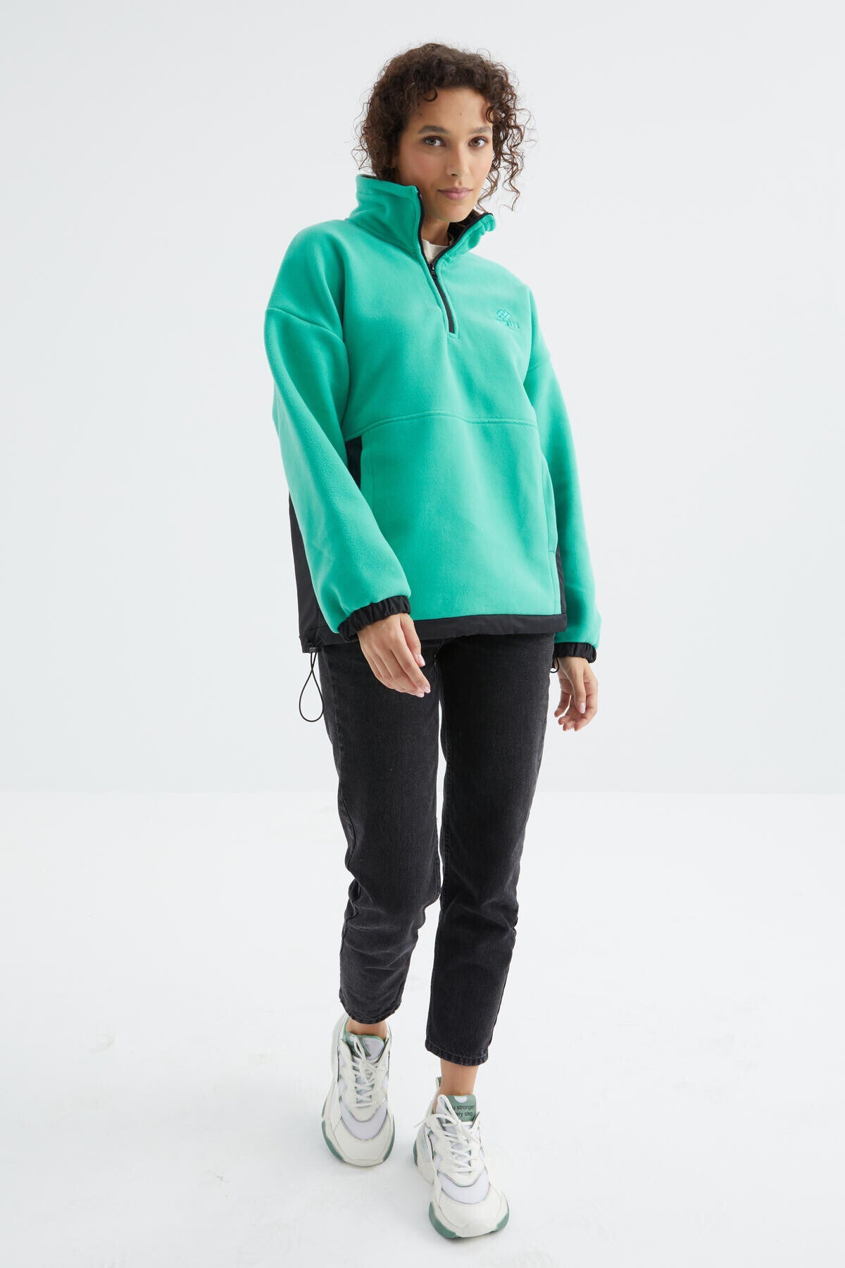 Half-Zip Skirt with Gathered Hem and Stand-Up Collar Oversize Women's Fleece Sweatshirt - 97236