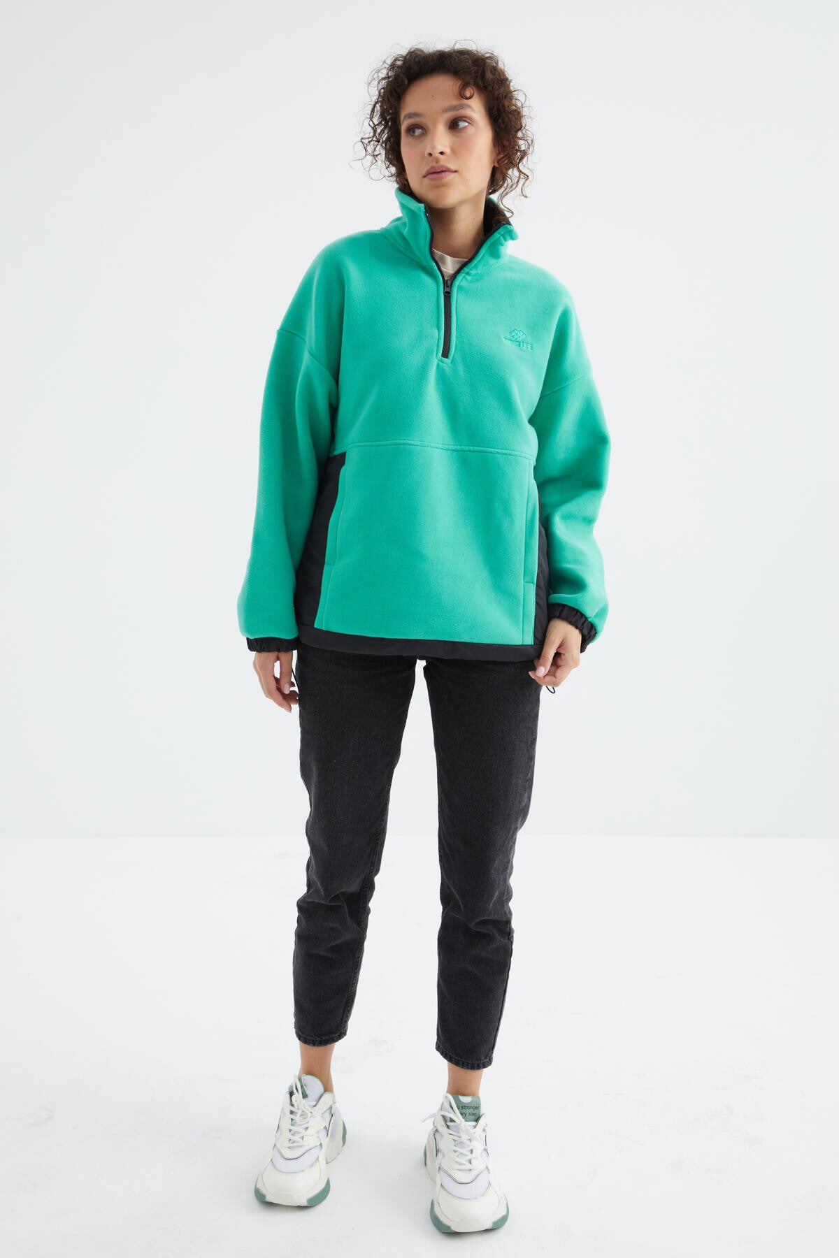 Half-Zip Skirt with Gathered Hem and Stand-Up Collar Oversize Women's Fleece Sweatshirt - 97236