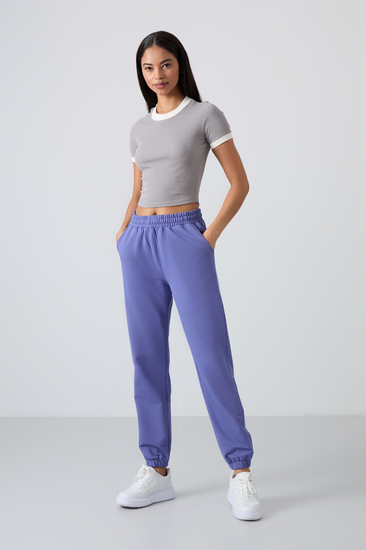 Plum Ribbed High Waist Comfort Fit Elastic Cuff Women's Tracksuit Bottom - 94583