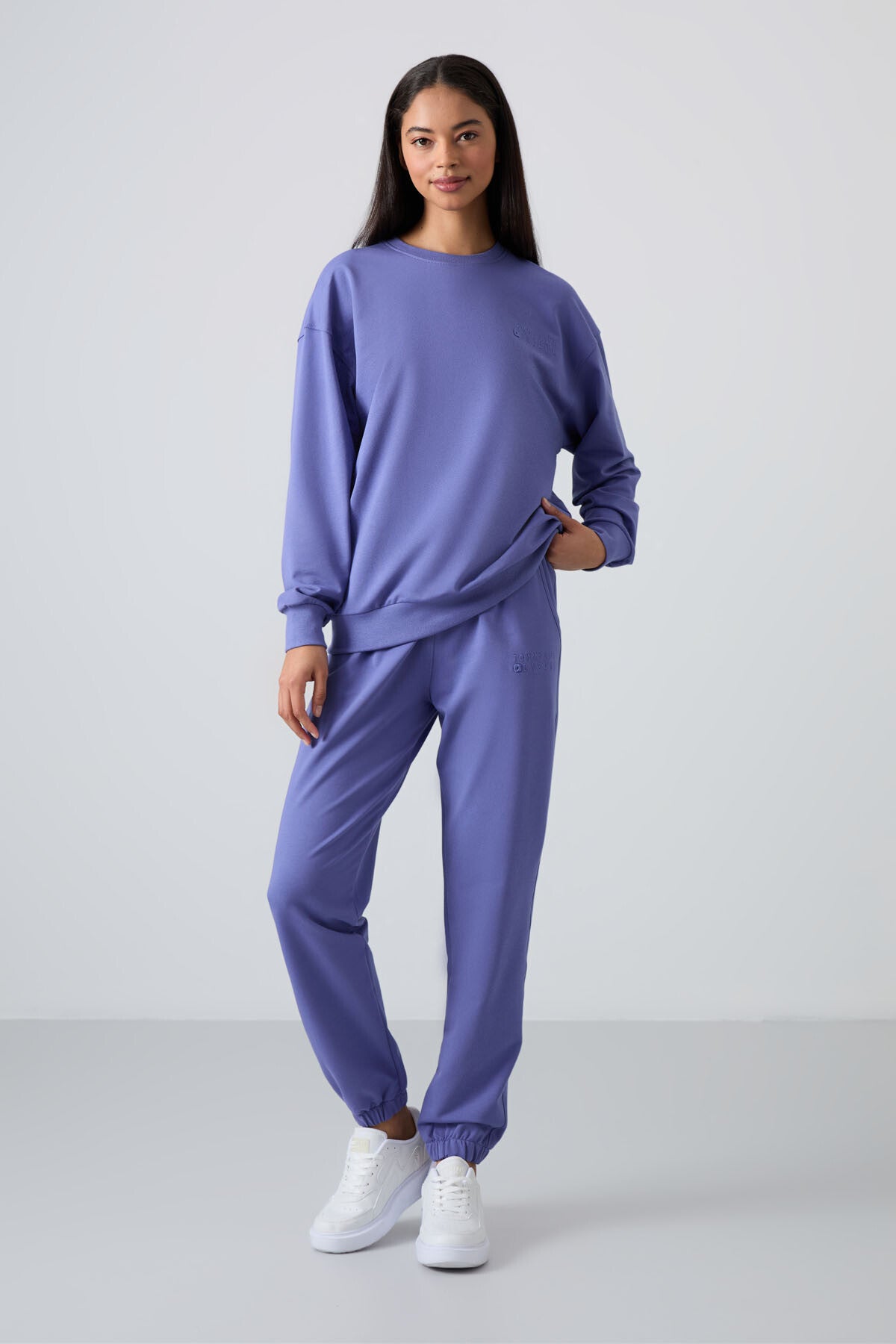 Plato Basic Cotton O Neck Oversize Elastic Cuff Women's Tracksuit Set - 95287