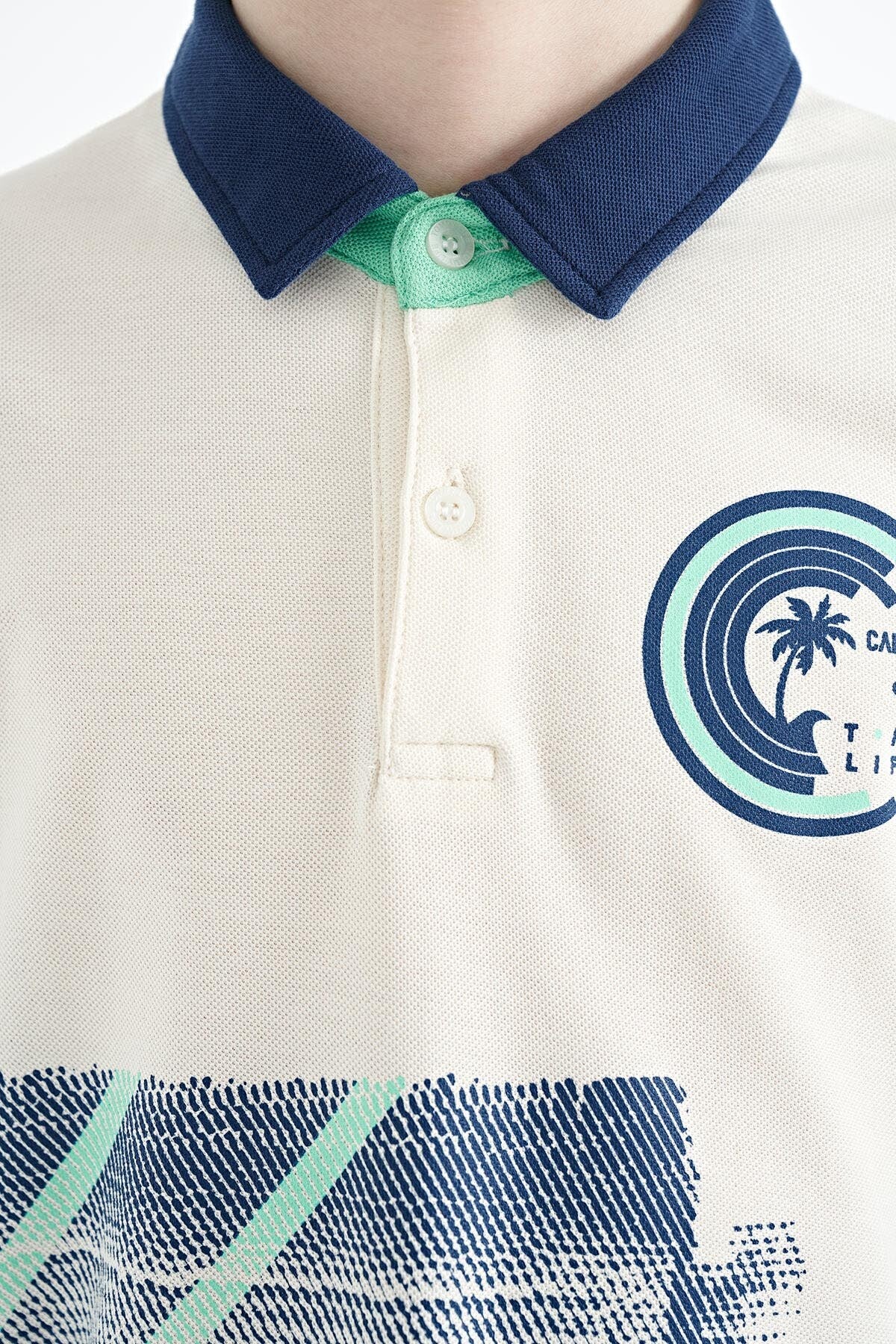 Ecru Print Detailed Polo Collar Standard Fit Boys' T-Shirt - 11094